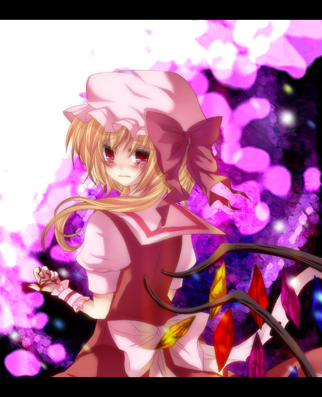 mutsuki, mutsuki (ama245), flandre scarlet, touhou, bad id, bad pixiv id, 1girl, blonde hair, blood, blouse, female focus, hat, letterboxed, mob cap, pink background, red eyes, shirt, short hair, side ponytail, solo, tears, white hat, white shirt, wings