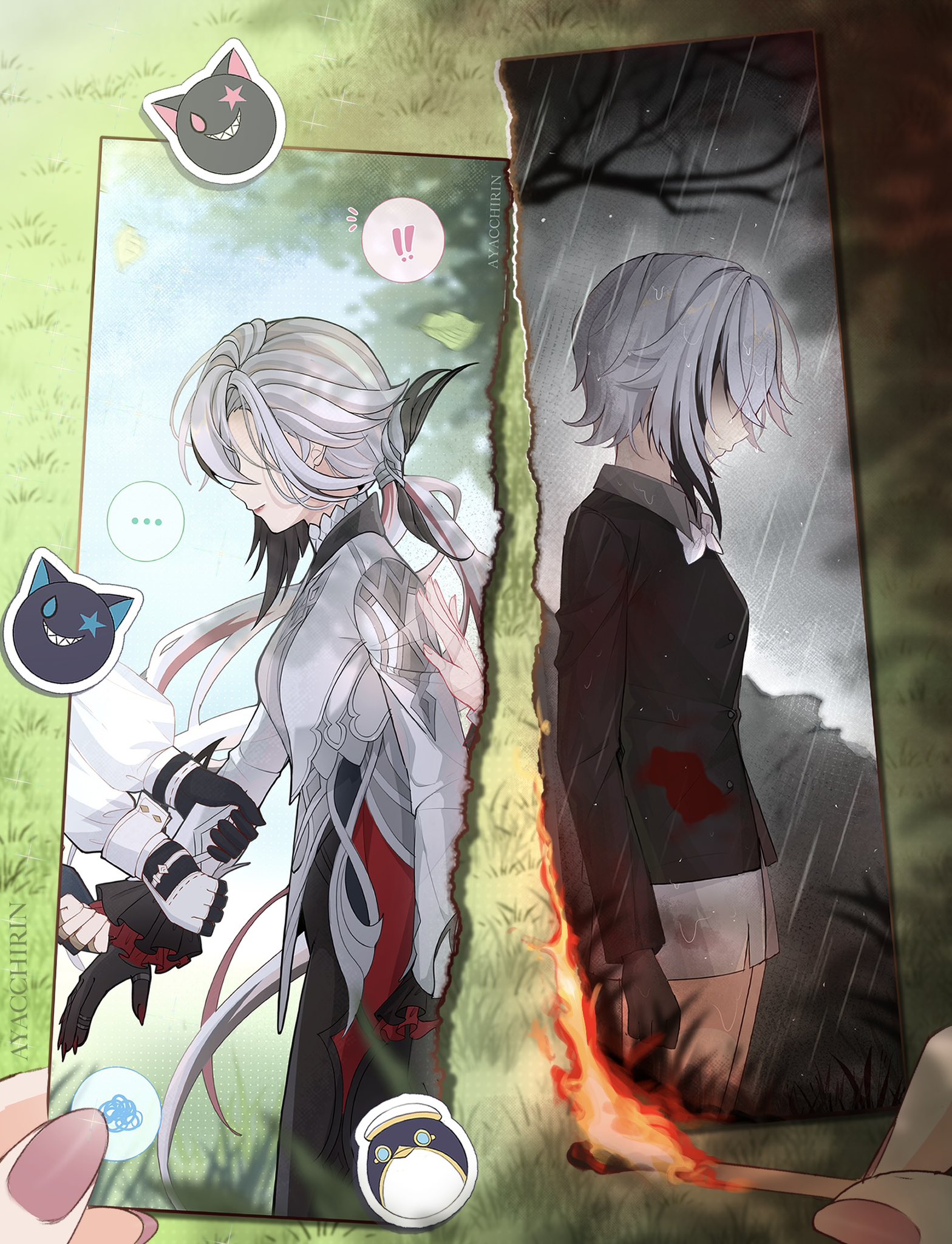 ayacchirin, arlecchino (genshin impact), peruere (genshin impact), genshin impact, highres, 2girls, black gloves, black hair, black hands, black pants, black shirt, coat, colored extremities, fire, gloves, grey hair, long hair, long sleeves, multicolored hair, multiple girls, pants, rain, shirt, shorts, streaked hair, symbol-shaped pupils, water drop, white coat, white hair, white shorts, x-shaped pupils