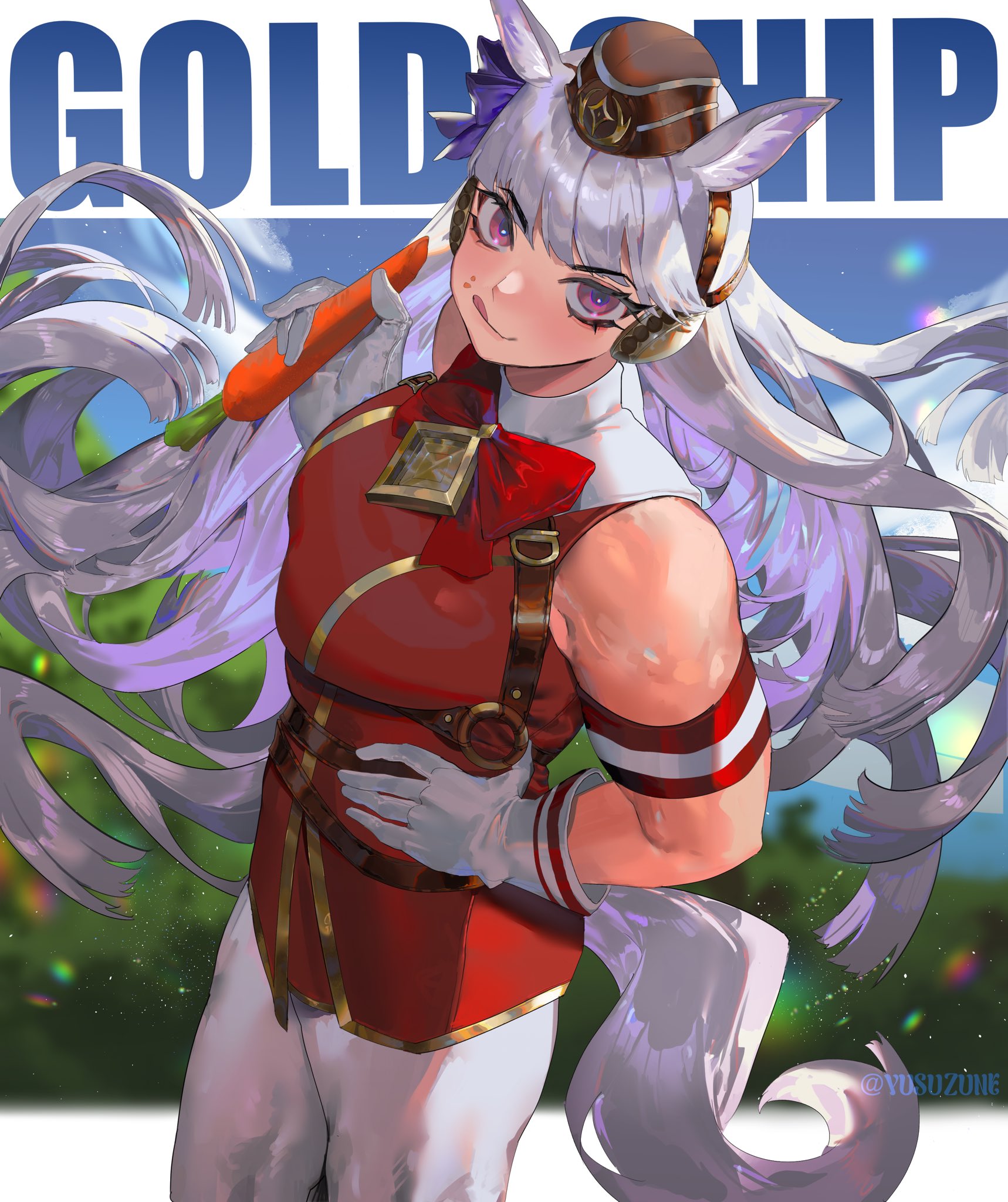 gold ship (red strife) (umamusume), gold ship (umamusume), umamusume, commentary, english commentary, highres, 1girl, :q, animal ears, bare shoulders, belt, blue sky, blurry, blurry background, blush, bow, bowtie, breasts, brown belt, brown hat, carrot, character name, closed mouth, collar, cowboy shot, dress, eyelashes, food, food on face, gloves, hair bow, hand on own hip, hand up, hat, headphones, holding, holding carrot, horse ears, horse girl, horse tail, light particles, long hair, looking at viewer, medium breasts, multiple belts, muscular, muscular female, outdoors, pants, purple bow, purple eyes, purple hair, red bow, red bowtie, red dress, sky, solo, tail, tongue, tongue out, twitter username, very long hair, watermark, white collar, white gloves, white pants, yusu zune