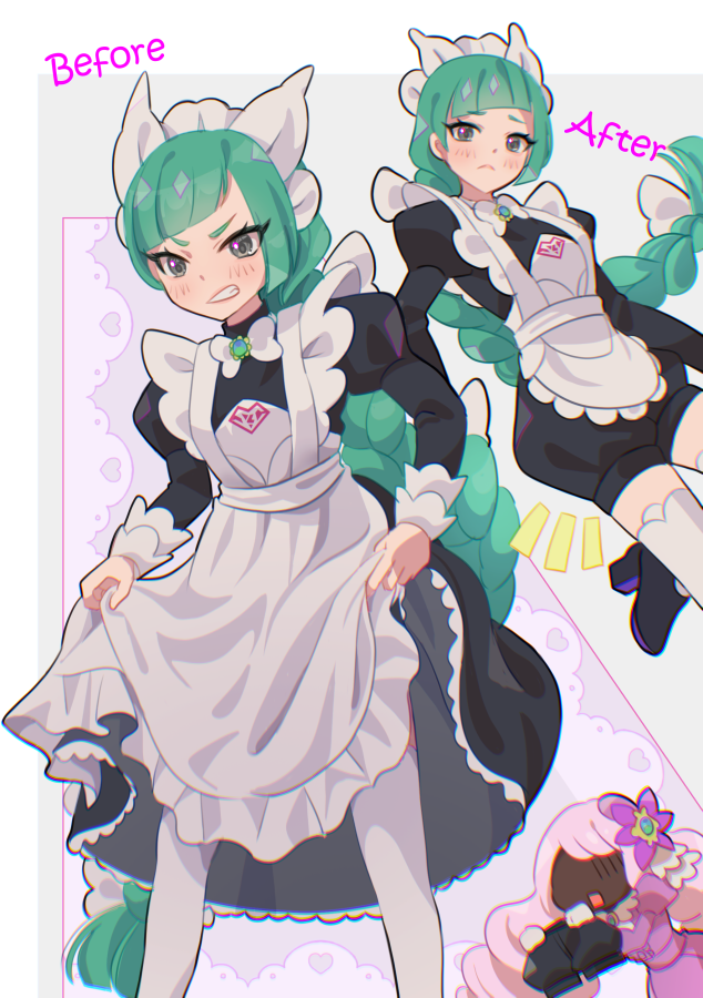 mizuiro123, jacinthe (pokemon), lebanne (pokemon), nintendo, pokemon, pokemon legends: z-a, master and servant, 2girls, apron, before and after, black dress, black romper, blunt bangs, blush, bow, bowtie, braid, braided ponytail, closed mouth, dark-skinned female, dark skin, dress, fascinator, frills, gloves, green hair, grey eyes, hair ornament, juliet sleeves, long braid, long hair, long sleeves, looking at viewer, maid, maid apron, maid headdress, mega stone, multiple girls, open mouth, puffy sleeves, purple dress, purple hair, romper, smile, teeth, thighhighs, tsurime, very dark skin, white apron, white bow, white bowtie, white gloves, white headdress, white thighhighs