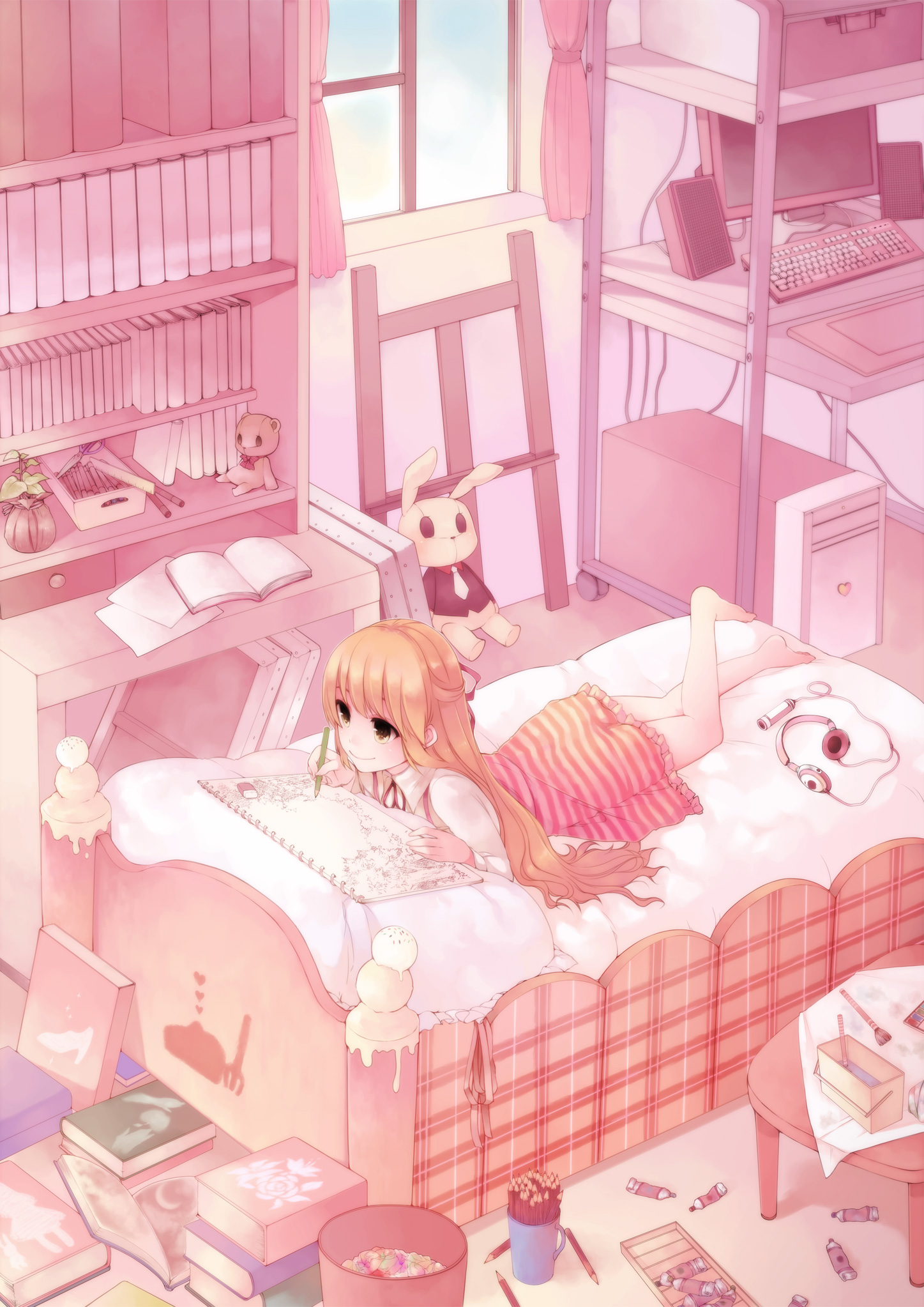 hase neet, oekaki musume, original, plaid, bad id, bad pixiv id, highres, 1girl, barefoot, bed, bedroom, book, bookshelf, computer, computer keyboard, cup, dress, female focus, food-themed ornament, half updo, headphones, indoors, long hair, lying, messy room, on stomach, orange hair, pencil, pink theme, rabbit, room, smile, solo, speaker, striped clothes, striped dress, stuffed animal, stuffed toy, teddy bear, trash can, wooden pencil