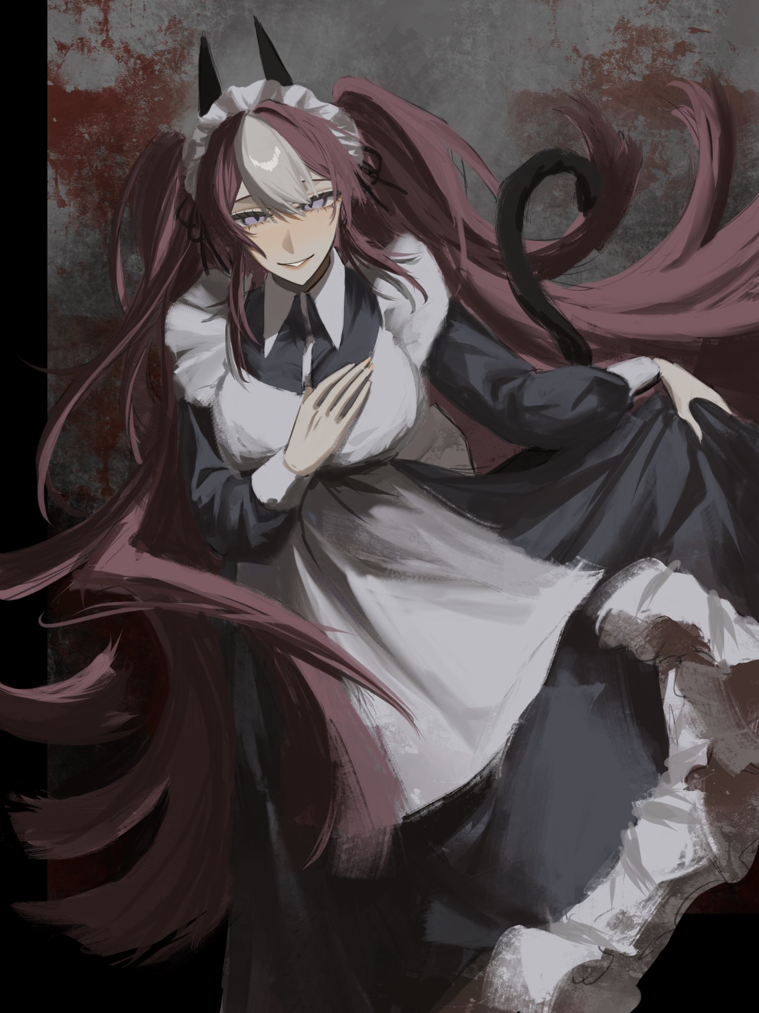 nate71762013, character request, copyright request, highres, absurdly long hair, apron, cat tail, clothes lift, dress, dress lift, hand on own chest, horns, light smile, long hair, looking at viewer, maid apron, maid headdress, tail, very long hair