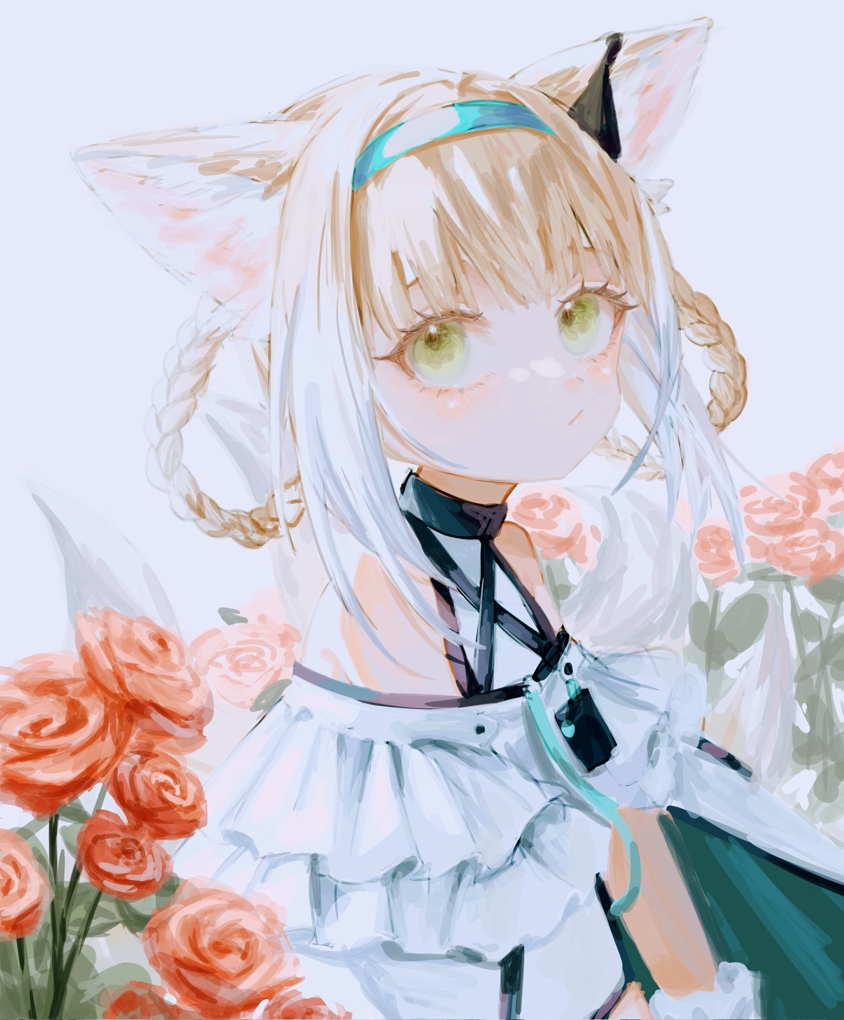 nate71762013, suzuran (arknights), arknights, hashtag-only commentary, highres, 1girl, animal ears, bare shoulders, blonde hair, blue hairband, braid, braided hair rings, dress, flower, from side, gradient hair, green eyes, hair rings, hairband, id card, light blush, looking at viewer, looking to the side, looking up, multicolored hair, pout, red flower, red rose, rose, solo, upper body, white background, white dress