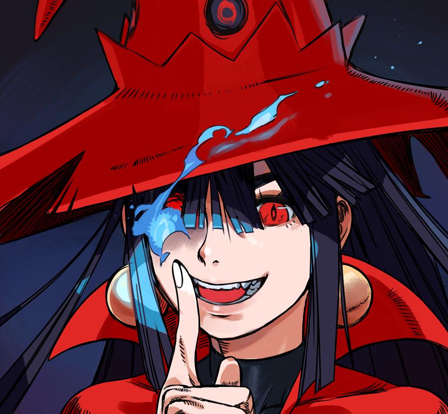 overlord jc, achika (overlord jc), original, 1girl, blue fire, earrings, fingernails, fire, gold earrings, hair over one eye, halloween costume, hand to own mouth, hand up, hat, index finger raised, jewelry, living clothes, looking at viewer, magic, open mouth, portrait, pyrokinesis, red eyes, red hat, slit pupils, smile, solo, sphere earrings, teeth, witch, witch hat