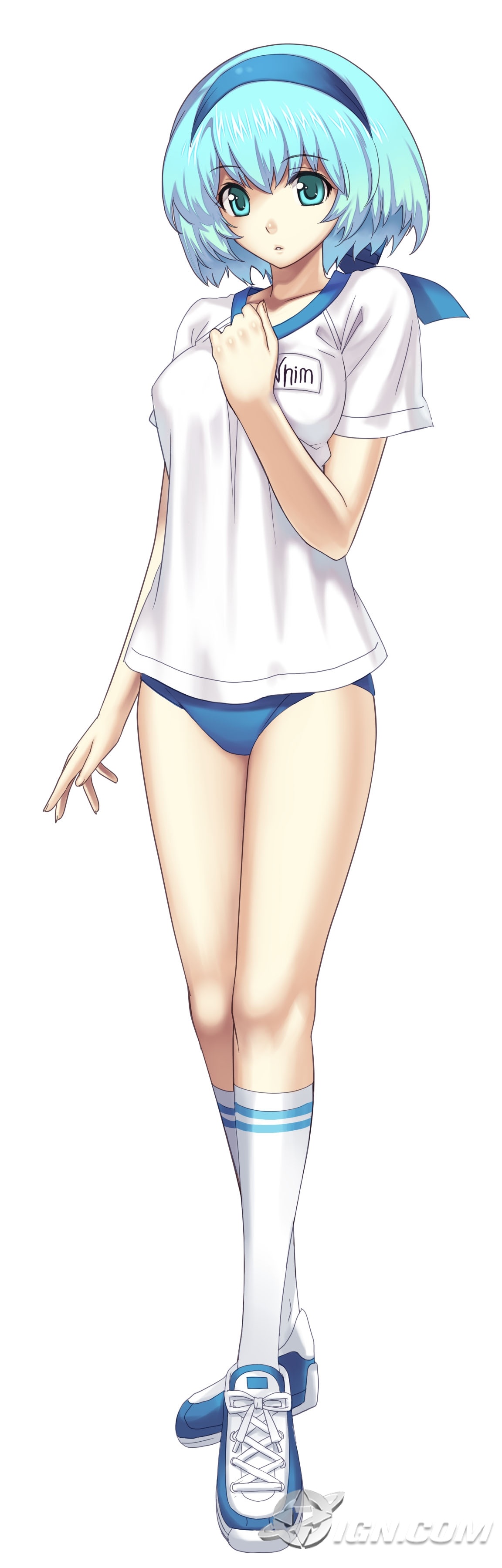 hirano katsuyuki, wuim (mana khemia), atelier (series), cross edge, gust, mana khemia (series), mana khemia 2, absurdres, highres, long image, official art, tall image, 1girl, alternate costume, arm at side, blue eyes, blue hair, blue ribbon, blue shoes, breasts, buruma, character name, clenched hand, female focus, full body, gym shirt, gym uniform, hair ribbon, hairband, hand on own chest, hand up, kneehighs, legs together, logo, looking at viewer, matching hair/eyes, medium breasts, name tag, parted lips, ribbon, shirt, shoes, short hair, short sleeves, simple background, sneakers, socks, solo, standing, transparent, watermark, web address, white background, white shirt, white socks