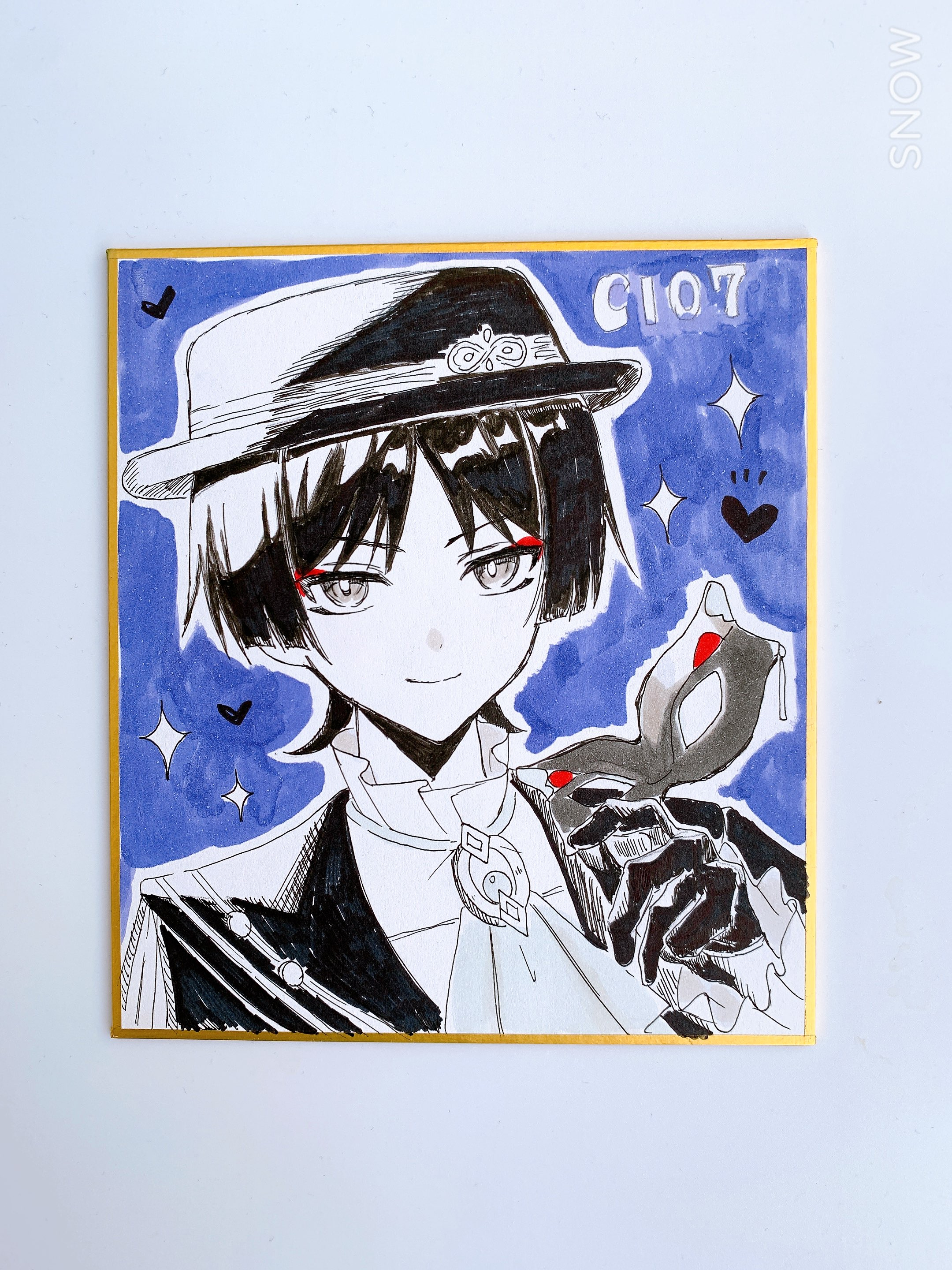 snow20200, scaramouche (genshin impact), wanderer (genshin fes 2026) (genshin impact), wanderer (genshin impact), comiket 107, genshin impact, absurdres, highres, marker (medium), pen (medium), photo (medium), traditional media, 1boy, ascot, blue background, blunt ends, boater hat, border, brooch, cloak, closed mouth, dress shirt, eye mask, eyeliner, eyeshadow, formal clothes, frilled shirt collar, frilled sleeves, frills, gloves, greyscale, greyscale with colored background, half gloves, hand up, heart, holding, holding mask, jewelry, looking at viewer, makeup, male focus, mask, monochrome, official alternate costume, parted bangs, portrait, red eyeliner, red eyeshadow, shirt, smile, solo, split mouth, tsurime, undershirt, white border, wispy bangs, yellow border