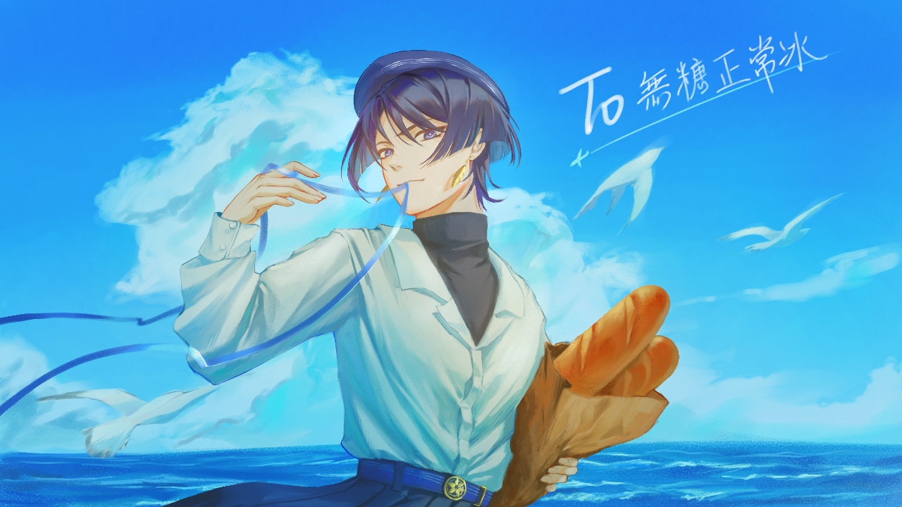 scaramouche (genshin impact), wanderer (genshin impact), genshin impact, translation request, 1boy, bag, baguette, belt, beret, bird, black hair, black hat, black shirt, black shorts, blue belt, blue hair, blue ribbon, blue sky, blunt ends, bread, bright pupils, brown bag, chinese text, closed mouth, cloud, cloudy sky, collared shirt, colored inner hair, dove, earrings, eyeliner, eyeshadow, feather earrings, feathers, fingernails, food, gold buckle, gold earrings, hakama, hakama shorts, hand up, hat, holding, holding bag, japanese clothes, jewelry, layered shirt, long sleeves, looking at viewer, makeup, male focus, mouth hold, multicolored hair, open collar, open hand, outdoors, pleated shorts, purple eyes, red eyeliner, red eyeshadow, ribbon, ribbon in mouth, sally wu 14473, shirt, shorts, sky, solo, tsurime, turtleneck, turtleneck shirt, undershirt, upper body, wanderer (impression) (genshin impact), white pupils, white shirt, white sleeves