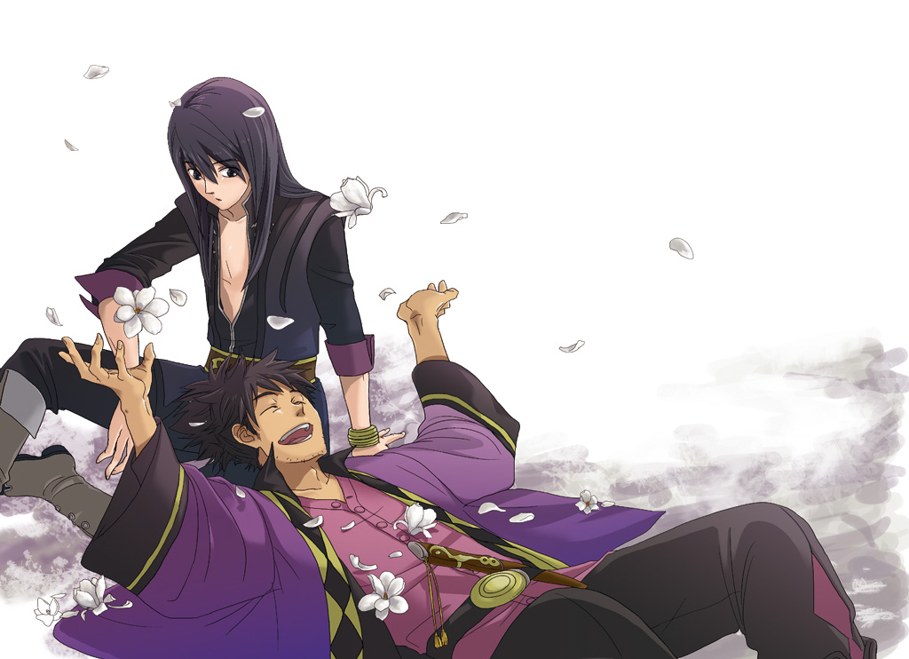 yukimatsu, raven (tales), yuri lowell, tales of (series), tales of vesperia, grey footwear, bad id, bad pixiv id, 00s, 2boys, black eyes, black hair, boots, bracelet, flower, jewelry, long hair, lying, male focus, multiple boys, petals, ponytail, smile