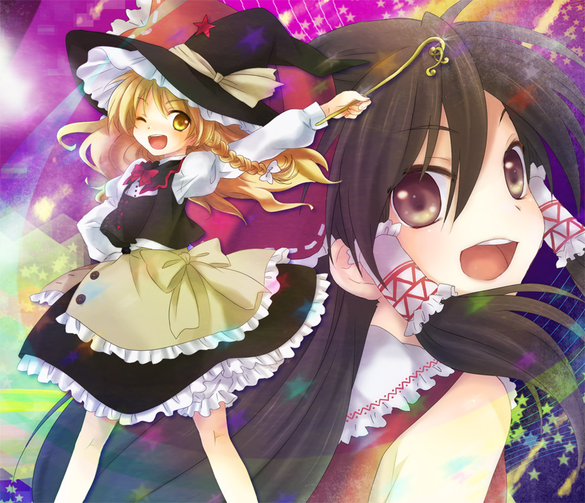 kona, kona (canaria), hakurei reimu, kirisame marisa, touhou, bad id, bad pixiv id, 2girls, blonde hair, bow, braid, brown eyes, brown hair, female focus, hat, multiple girls, ribbon, wand, witch, witch hat, yellow eyes