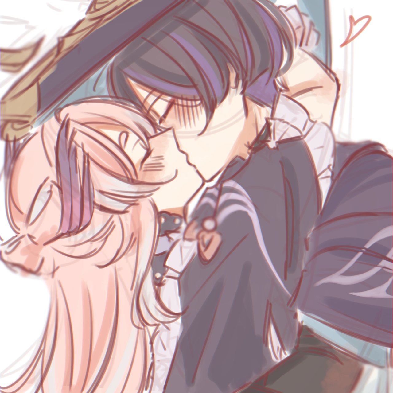 umeivy, sangonomiya kokomi, scaramouche (genshin impact), wanderer (genshin impact), genshin impact, highres, 1boy, 1girl, armor, arms around neck, black hair, black hat, black kimono, black sleeves, blue cape, blue sleeves, blunt ends, blush, bow-shaped hair, bridal gauntlets, cape, closed eyes, colored eyebrows, couple, eyelashes, eyeliner, eyeshadow, facing another, fin hair ornament, frilled sleeves, frills, from side, gloves, gold, grey bridal gauntlets, hat, heart, height difference, hetero, hug, japanese armor, japanese clothes, jingasa, kimono, kiss, kote, kurokote, layered sleeves, long hair, makeup, multicolored hair, pink hair, profile, raised eyebrow, red eyeliner, red eyeshadow, short eyebrows, short sleeves, sketch, streaked hair, three-quarter sleeves, two-sided fabric, two-sided headwear, white background, white gloves, white trim, wide sleeves