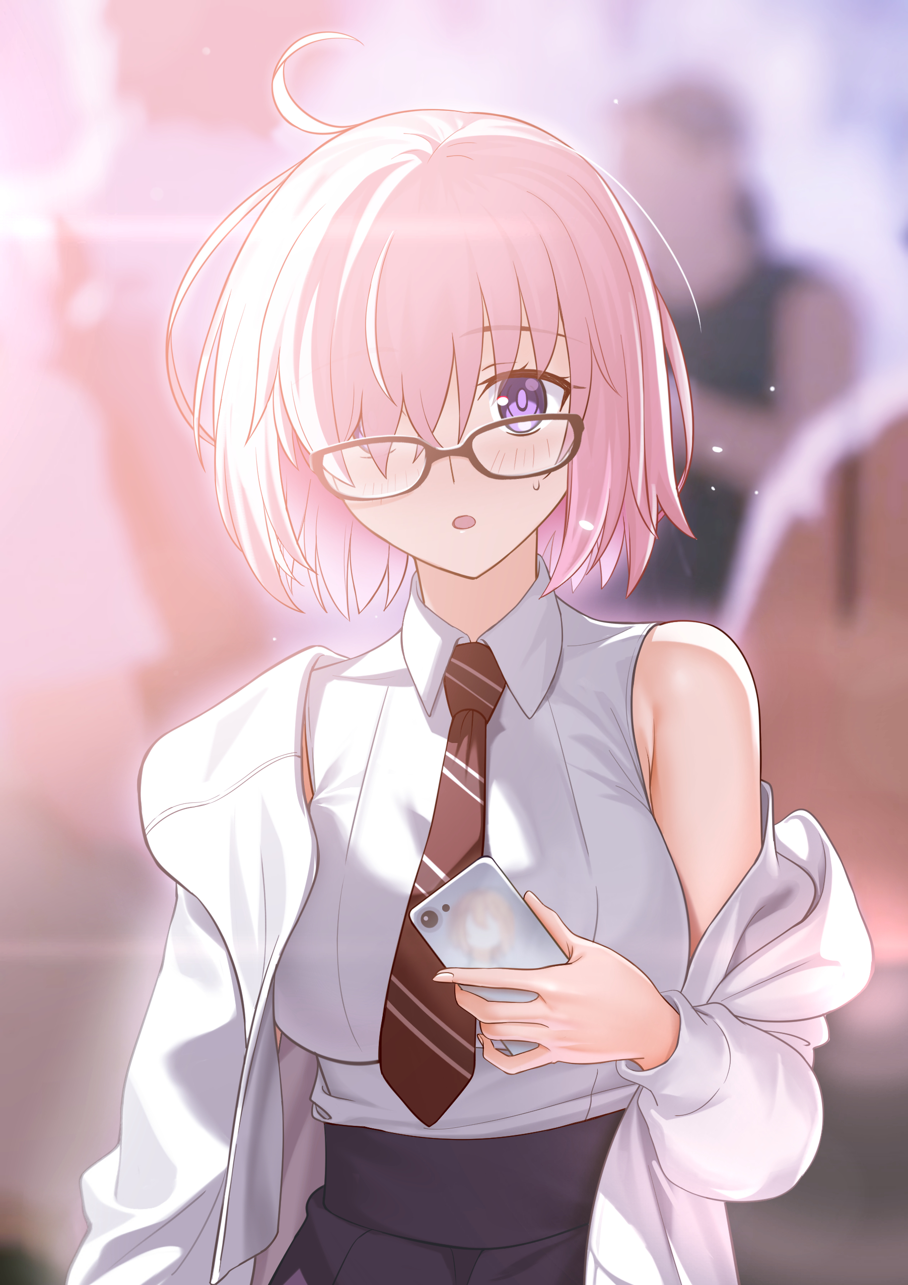 besmiled, fujimaru ritsuka (female), mash kyrielight, fate/grand order, fate (series), absurdres, commentary, english commentary, highres, 2girls, bare shoulders, black skirt, blurry, blurry background, blush, breasts, cellphone, collared shirt, glasses, hair over one eye, jacket, large breasts, long sleeves, looking at viewer, multiple girls, necktie, off shoulder, open mouth, phone, pink hair, purple eyes, reflection, shirt, short hair, skirt, sleeveless, sleeveless shirt, solo focus, white jacket, white shirt