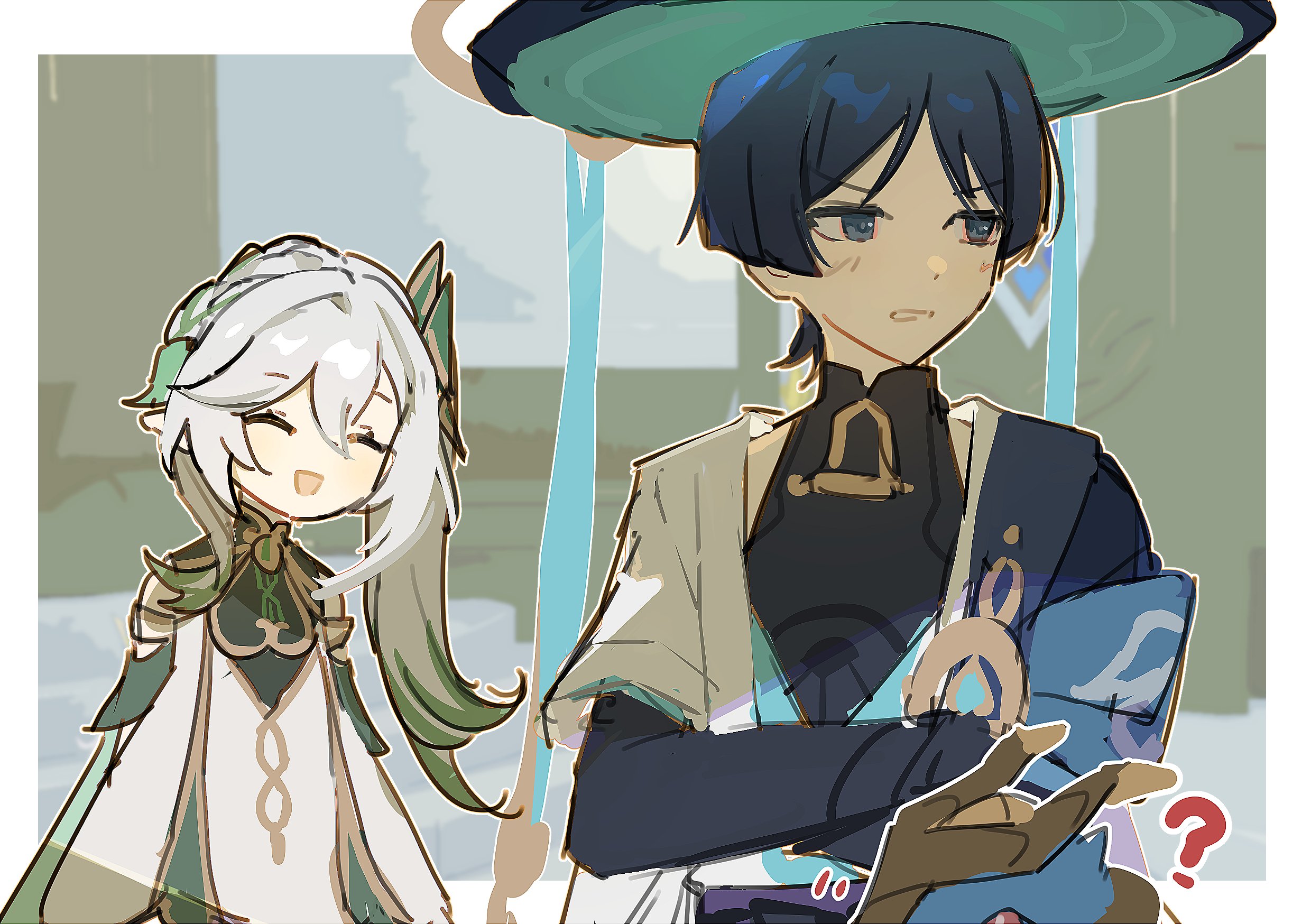 yiyiyiyi670, durin (genshin impact), mini durin (genshin impact), nahida (genshin impact), scaramouche (genshin impact), wanderer (genshin impact), genshin impact, blue gem, highres, 1boy, 1girl, ?, aqua hat, armor, arms behind back, averting eyes, black bodysuit, black bridal gauntlets, black hat, blue cape, blue kimono, blue sleeves, blunt ends, bodysuit, border, bridal gauntlets, cape, closed eyes, colored tips, crossed arms, detached sleeves, dragon, dress, embarrassed, eyelashes, facing to the side, frown, furisode, gem, gold, gold trim, green cape, green hair, green sleeves, grey eyes, hair between eyes, half crown braid, hat, head tilt, japanese armor, japanese clothes, jingasa, juban, kimono, kote, kurokote, layered sleeves, light blush, long hair, looking to the side, mandarin collar, multicolored hair, open clothes, open kimono, open mouth, parted bangs, pointy ears, purple sash, sash, short sleeves, shoulder peek, side ponytail, sidelocks, sketch, small dragon, streaked hair, tsurime, two-sided fabric, two-sided headwear, vision (genshin impact), white border, white dress, white kimono, white sleeves, white trim, wispy bangs