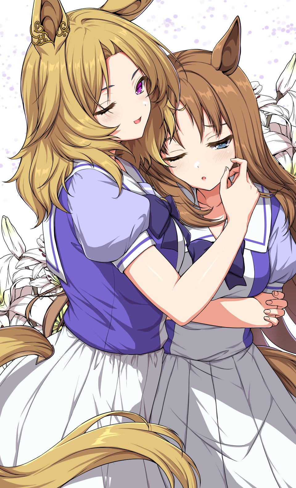 sheita, umamusume, commentary, commission, english commentary, highres, vgen commission, 2girls, animal ears, blonde hair, blue eyes, blush, bow, bowtie, breasts, brown hair, flower, hair between eyes, horse ears, horse girl, horse tail, hug, lily (flower), long hair, multiple girls, open mouth, parted lips, pleated skirt, puffy short sleeves, puffy sleeves, purple bow, purple bowtie, purple eyes, purple shirt, sailor collar, sailor shirt, school uniform, shirt, short sleeves, skirt, smile, tail, tracen school uniform, white sailor collar, white skirt, wings, yuri