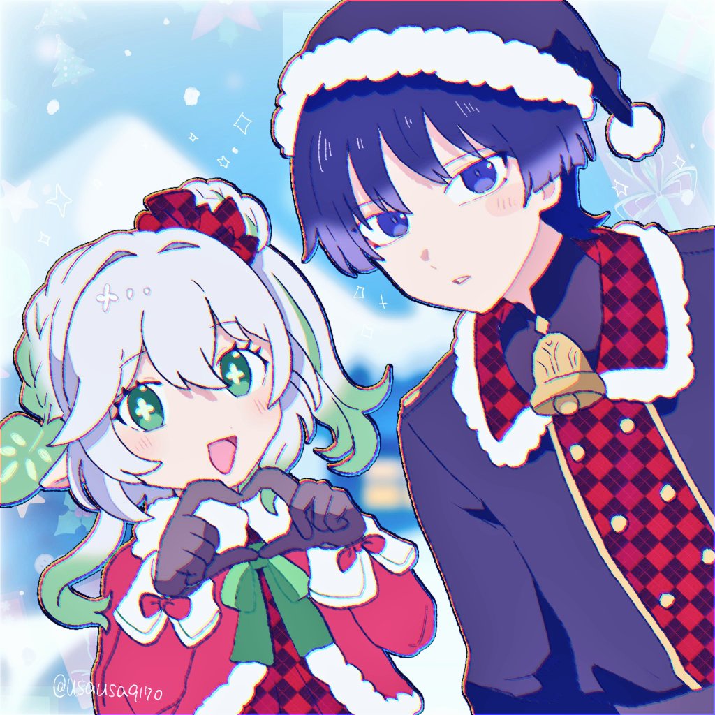 usausa9170, nahida (genshin impact), scaramouche (genshin impact), genshin impact, 1boy, 1girl, alternate costume, arm at side, asymmetrical sidelocks, bell, black gloves, black jacket, black shirt, black sleeves, blue background, blunt ends, blush, bow, bowtie, box, bright pupils, checkered clothes, checkered collar, checkered scrunchie, checkered shirt, christmas tree print, colored tips, cross-shaped pupils, detached collar, four-finger heart hands, fur-trimmed collar, fur-trimmed headwear, fur-trimmed jacket, fur trim, gift, gift box, gloves, green bow, green bowtie, green eyes, green hair, hair intakes, hair ornament, hair scrunchie, half crown braid, hat, heart, heart hands, height difference, jacket, leaf, leaf hair ornament, light blush, long hair, long sleeves, looking at viewer, mandarin collar, multicolored hair, neck bell, open mouth, pointy ears, pom pom (clothes), purple eyes, purple hair, purple hat, purple pupils, red bow, red jacket, red shirt, red sleeves, santa costume, santa hat, scrunchie, shirt, side ponytail, sidelocks, sleeve bow, streaked hair, symbol-shaped pupils, tareme, tsurime, twitter username, undershirt, white hair, white mouth, white pupils, wispy bangs