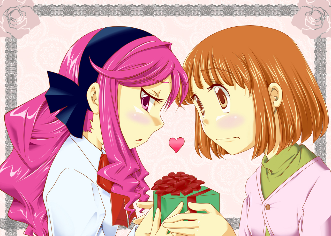 seriza (hidepu), kujiin mika, nakamachi kana, kanamemo, 00s, 2girls, blush, brown eyes, brown hair, gift, hairband, heart, holding, holding gift, long hair, multiple girls, nervous, pink eyes, pink hair, short hair, yuri