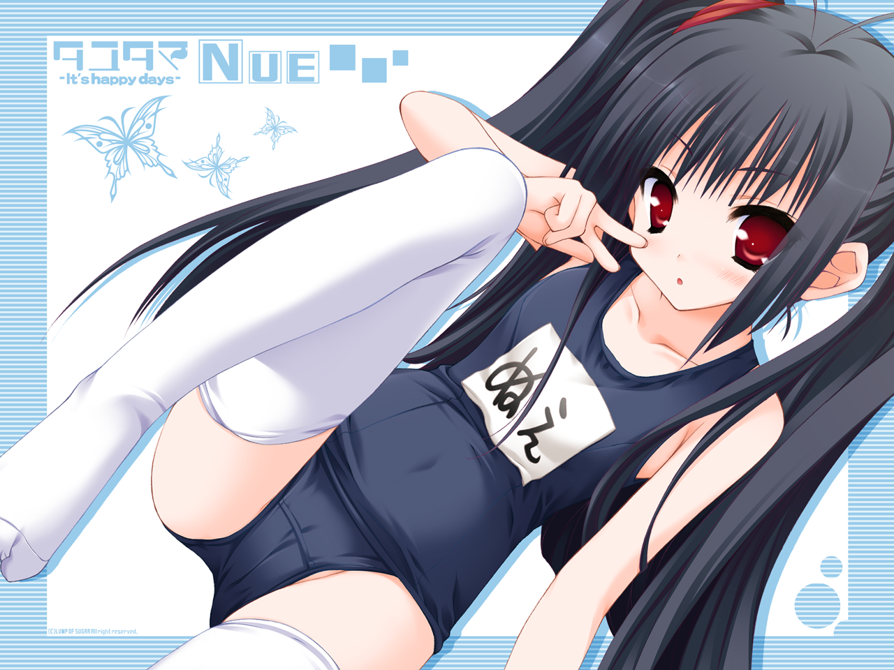 moekibara fumitake, nue (tayutama), tayutama, 00s, 1girl, antenna hair, black hair, blush, cameltoe, female focus, long hair, name tag, one-piece swimsuit, red eyes, school swimsuit, solo, swimsuit, thighhighs, v, very long hair, white thighhighs