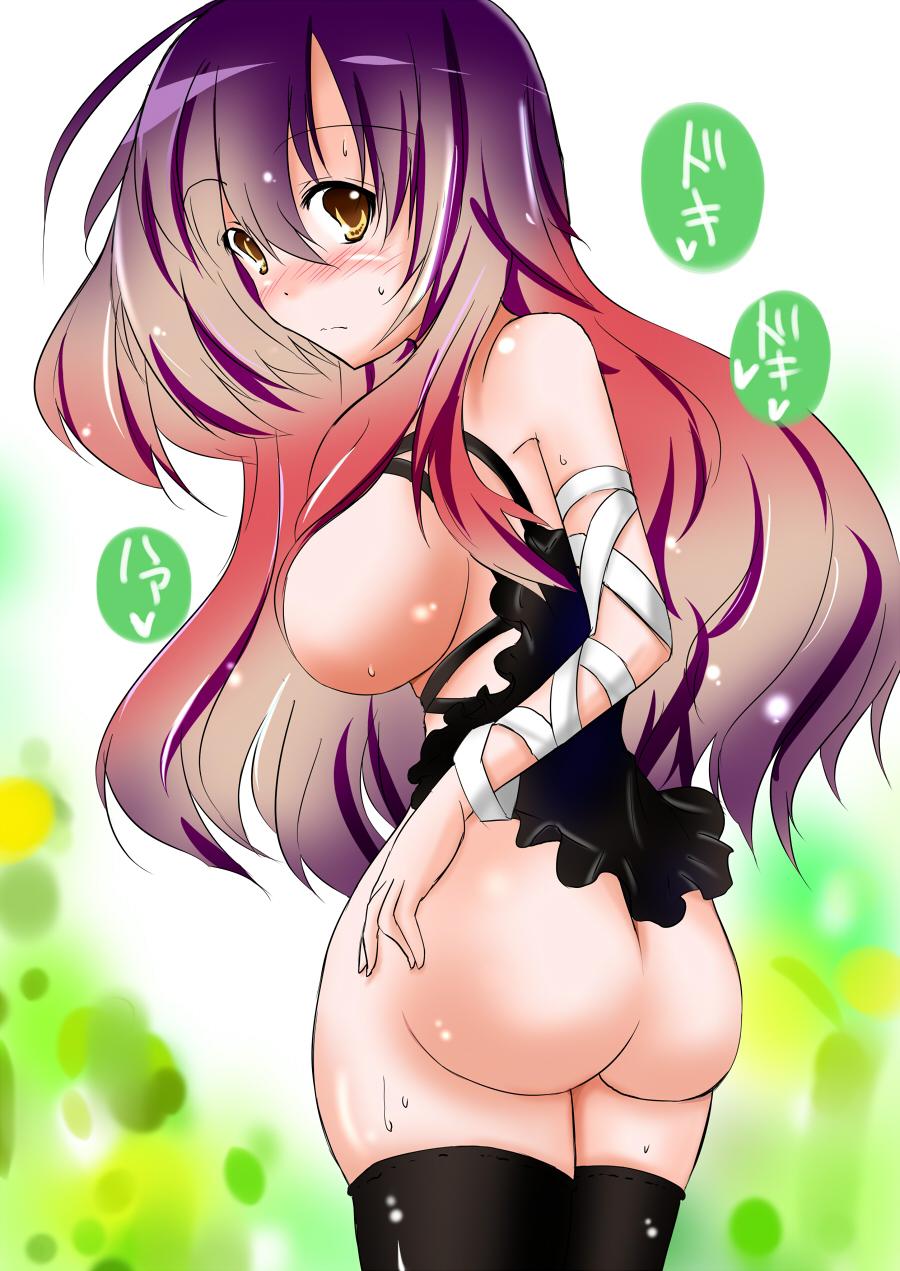 haco, kohashi hako, hijiri byakuren, touhou, highres, 1girl, ass, blush, bottomless, breasts, curvy, female focus, gradient hair, large breasts, long hair, multicolored hair, no bra, no panties, sideboob, solo, thick thighs, thighhighs, thighs, yellow eyes