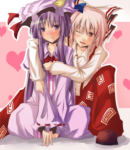 ram hachimin, fujiwara no mokou, patchouli knowledge, touhou, 2girls, blush, female focus, multiple girls, yuri