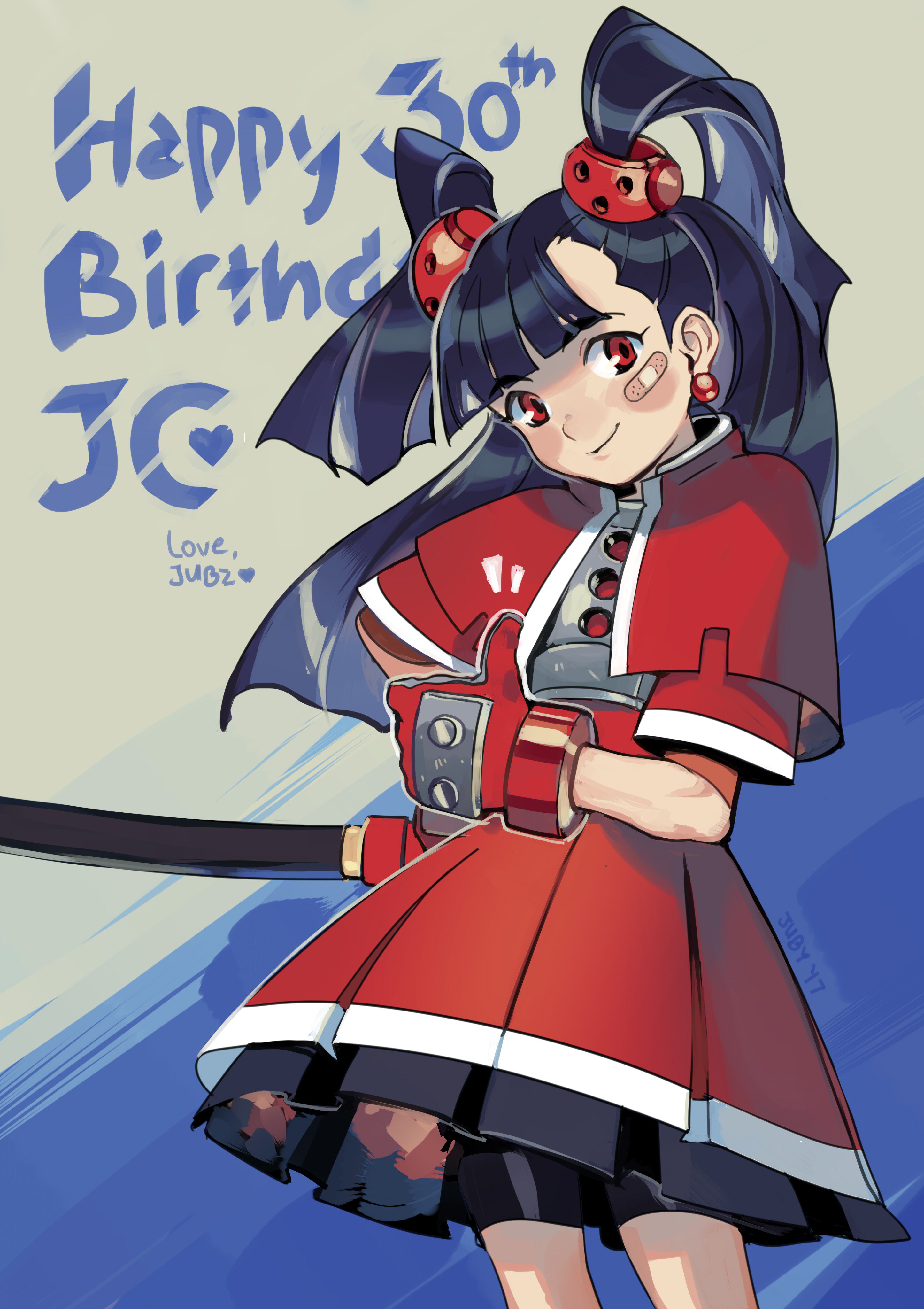 juby, achika (overlord jc), original, absurdres, highres, 1girl, armor, bandaid, bandaid on cheek, bandaid on face, bike shorts, bike shorts under skirt, black hair, black shorts, borrowed character, breastplate, capelet, cowboy shot, dress, earrings, gift art, gloves, hand on own hip, happy birthday, jewelry, katana, long hair, notice lines, red capelet, red dress, red eyes, red gloves, short dress, shorts, sphere earrings, sword, thumbs up, tri tails, weapon