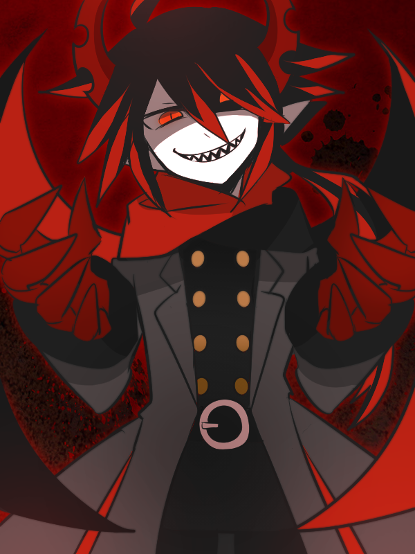 usamasuku, ivlis (funamusea), funamusea, haiiro teien, 1boy, belt, black hair, buttons, coat, demon boy, grey coat, grin, half-closed eyes, horns, jacket, looking at viewer, messy hair, multicolored hair, pointy ears, red background, red eyes, red hair, red horns, red scarf, scarf, sharp teeth, short hair, simple background, smile, solo, teeth, wings