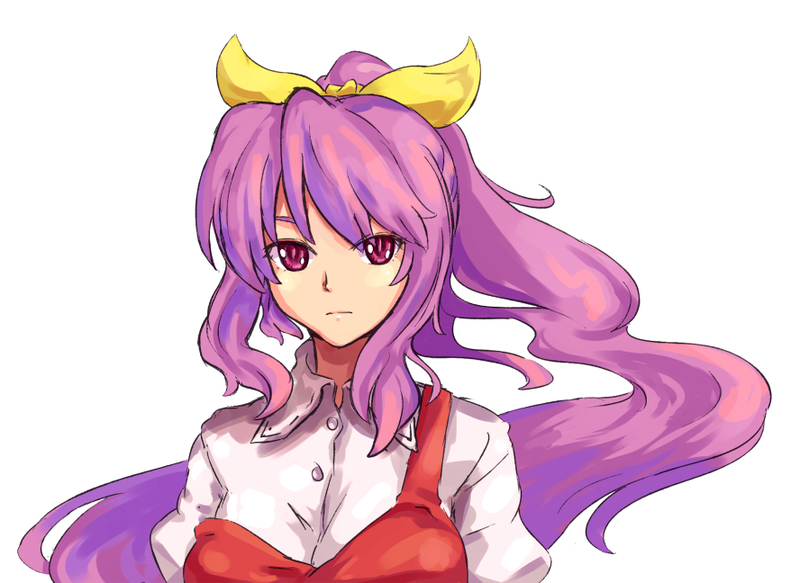 mura syouzi, shibasaki shouji, watatsuki no yorihime, silent sinner in blue, touhou, touhou bougetsushou, 1girl, bow, breasts, female focus, hair bow, high ponytail, long hair, ponytail, purple eyes, purple hair, simple background, solo