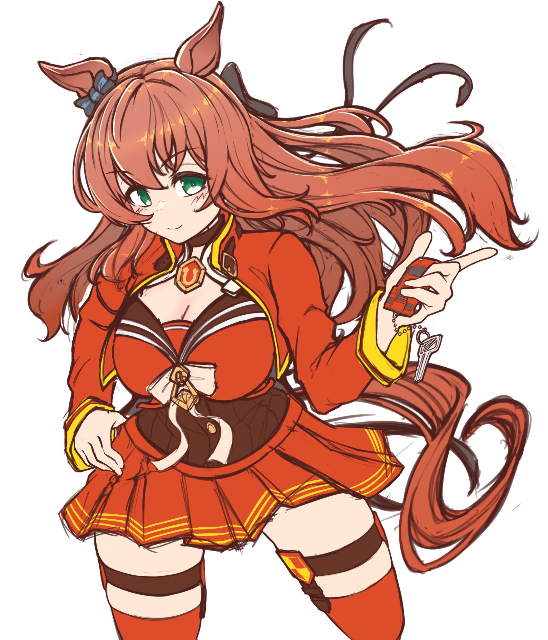 flova11, maruzensky (formula r) (umamusume), maruzensky (umamusume), umamusume, highres, 1girl, animal ears, blue bow, blue eyes, blush, bow, breasts, brown hair, brown sailor collar, car keys, cleavage, closed mouth, cropped jacket, ear bow, green eyes, hair between eyes, holding, horse ears, horse girl, horse tail, jacket, large breasts, long hair, long sleeves, looking at viewer, pendant choker, red jacket, red serafuku, red shirt, red skirt, red thighhighs, sailor collar, school uniform, serafuku, shirt, simple background, skirt, smile, solo, tail, thighhighs, white background