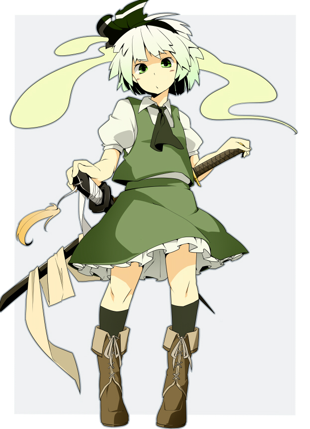 la-do, oguro (moyashi 2-hon), konpaku youmu, konpaku youmu (ghost), touhou, silver hair, bad id, bad pixiv id, 1girl, boots, female focus, green eyes, hitodama, katana, necktie, short hair, skirt, socks, solo, sword, weapon