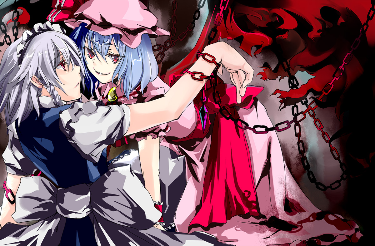 mosuke, izayoi sakuya, remilia scarlet, touhou, 2girls, chain, female focus, hat, multiple girls, red eyes, ribbon, short hair, you gonna get raped, yuri