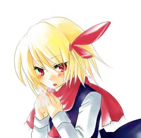 nukonuko, rumia, embodiment of scarlet devil, touhou, bad id, bad pixiv id, lowres, 1girl, blonde hair, breath, female focus, hair ribbon, red eyes, ribbon, scarf, short hair, simple background, solo, white background