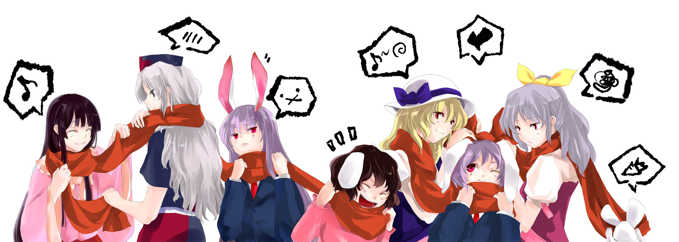 mosuke, houraisan kaguya, inaba tewi, reisen, reisen udongein inaba, watatsuki no toyohime, watatsuki no yorihime, yagokoro eirin, touhou, silver hair, highres, long image, wide image, 6+girls, ^ ^, animal ears, black hair, blonde hair, blue eyes, bow, carrot, closed eyes, female focus, hair bow, hat, hat bow, heart, long hair, multiple girls, musical note, one eye closed, open mouth, purple hair, rabbit, rabbit ears, red eyes, ribbon, scarf, shared clothes, shared scarf, short hair, smile, spoken blush, spoken heart, spoken musical note, spoken squiggle, squiggle, x mouth