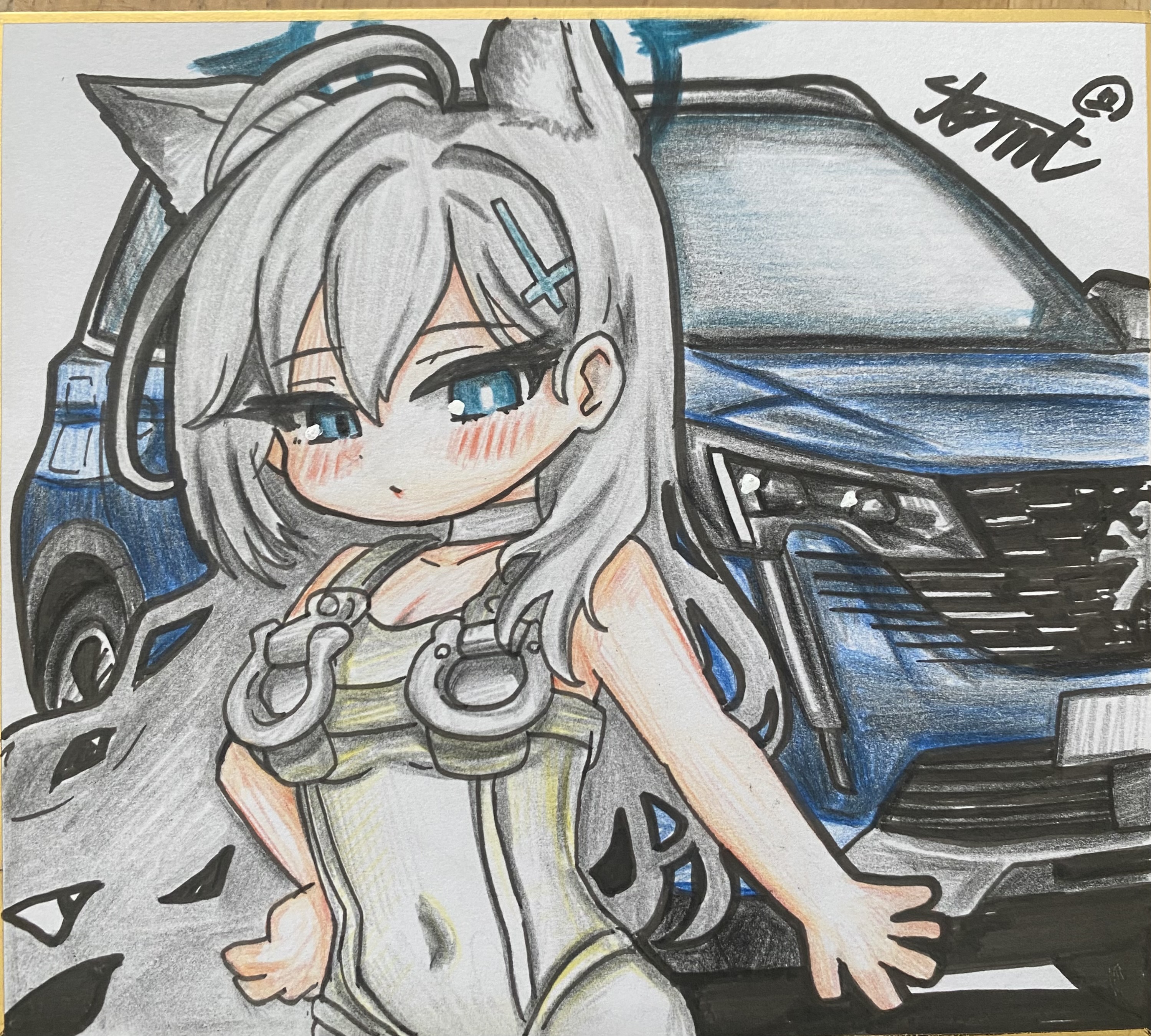tomimon, shiroko (blue archive), shiroko terror (blue archive), blue archive, peugeot, absurdres, commentary request, highres, traditional media, 1girl, ahoge, animal ear fluff, animal ears, blue car, blue eyes, blue halo, bodysuit, breasts, bright pupils, car, closed mouth, covered navel, cross, cross hair ornament, grey hair, hair ornament, halo, inverted cross, long hair, looking at viewer, medium breasts, mismatched pupils, motor vehicle, shikishi, solo, white bodysuit, white pupils, wolf ears, wolf girl
