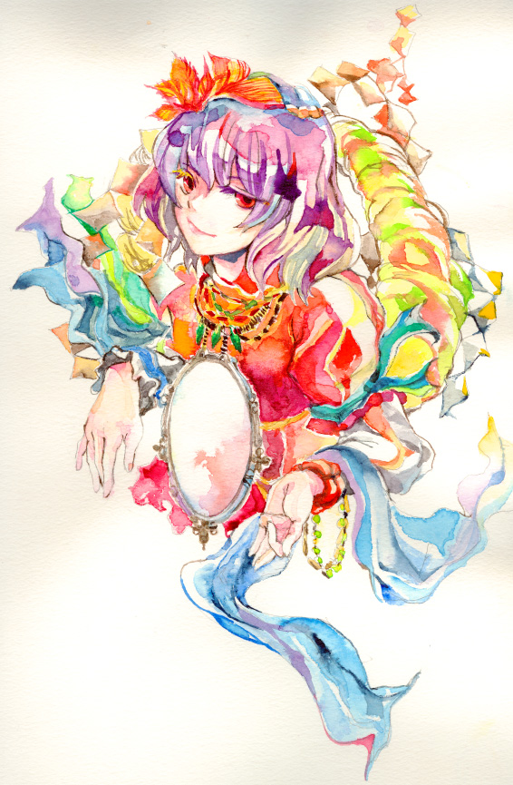 mosuke, yasaka kanako, touhou, 1girl, female focus, gradient background, purple hair, short hair, solo, white background