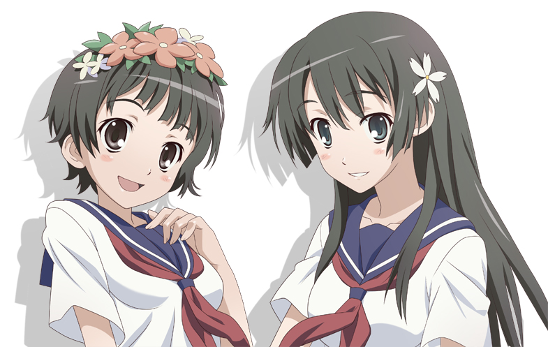 nyoro (nyoronyoro000), saten ruiko, uiharu kazari, toaru kagaku no railgun, toaru majutsu no index, bad id, bad pixiv id, 00s, 2girls, black hair, blue eyes, blush, brown eyes, flower, hair flower, hair ornament, head wreath, long hair, multiple girls, school uniform, serafuku, short hair, smile