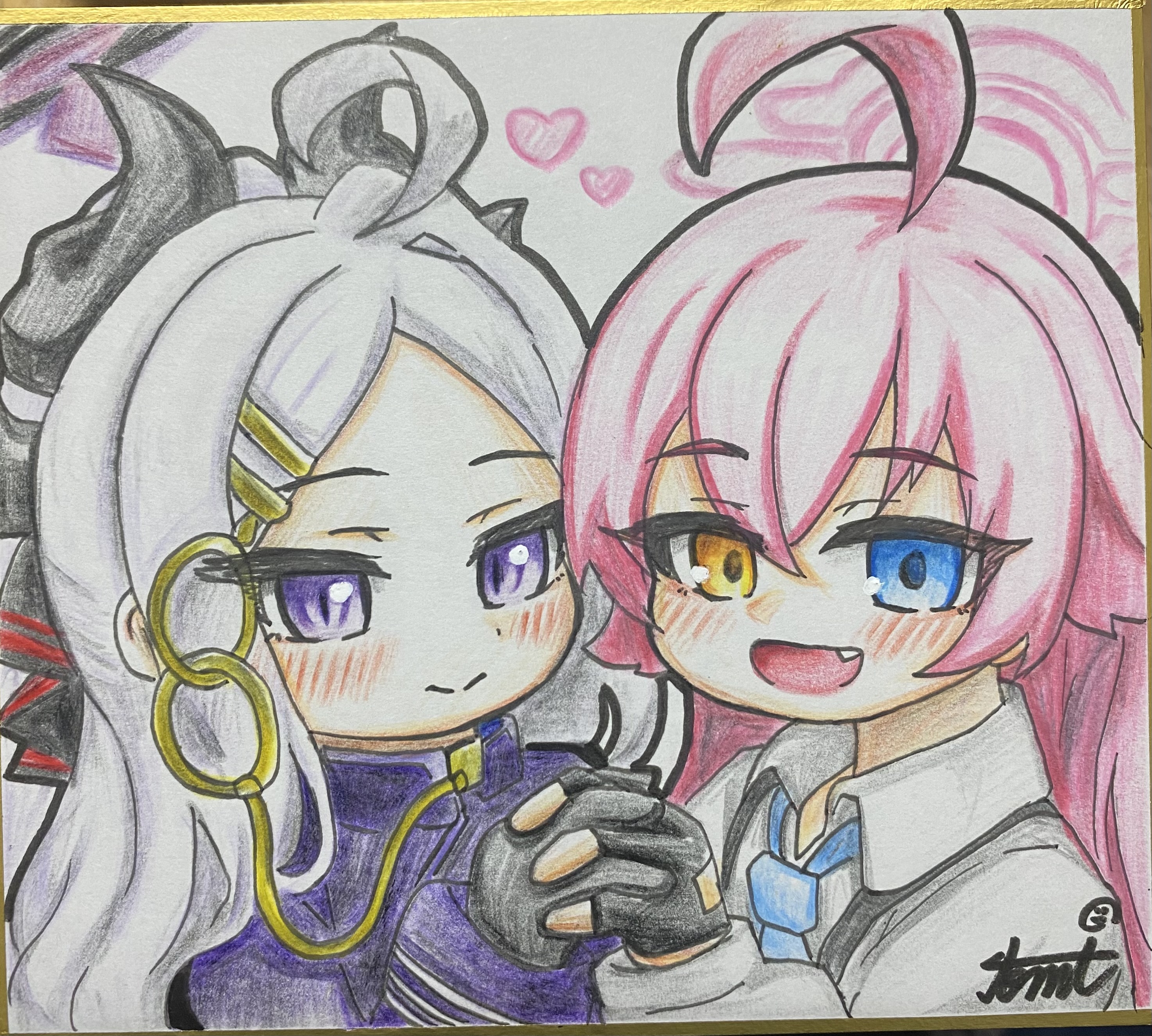 tomimon, hina (blue archive), hoshino (blue archive), blue archive, absurdres, commentary request, highres, traditional media, 2girls, :d, ahoge, black gloves, black horns, blue eyes, blue necktie, blush, closed mouth, collared shirt, demon girl, demon horns, fang, fingerless gloves, gloves, hair ornament, hairclip, halo, heart, heterochromia, holding hands, horns, interlocked fingers, jacket, long hair, looking at viewer, multiple girls, necktie, open mouth, parallel hairclips, parted bangs, pink hair, pink halo, purple eyes, purple halo, purple jacket, shikishi, shirt, smile, white hair, white shirt, yellow eyes