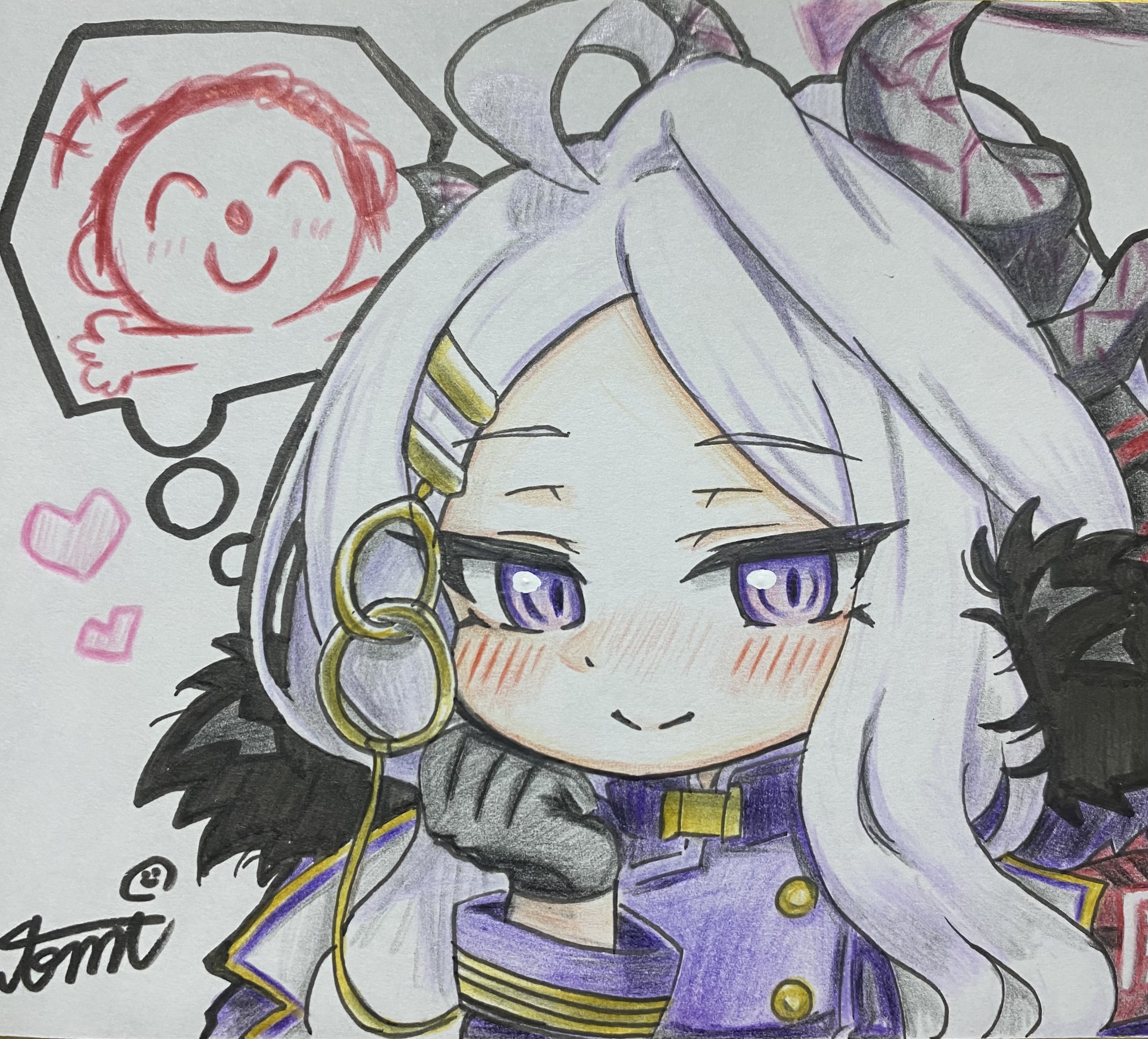 tomimon, doodle sensei (blue archive), hina (blue archive), sensei (blue archive), blue archive, absurdres, commentary request, highres, traditional media, 1girl, ahoge, black gloves, black horns, demon girl, demon horns, gloves, hair ornament, hairclip, halo, heart, horns, jacket, long hair, long sleeves, looking at viewer, parallel hairclips, parted bangs, purple eyes, purple halo, purple jacket, shikishi, simple background, smile, solo, speech bubble, thought bubble, white background, white hair