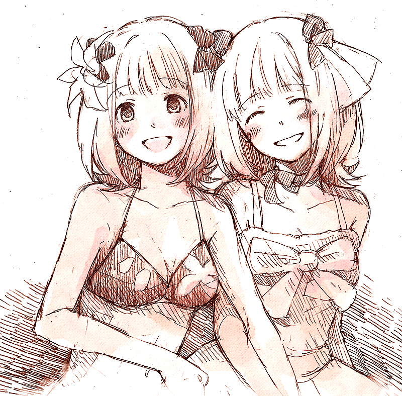 nogoodlife, amami haruka, idolmaster, idolmaster (classic), 00s, 2girls, bikini, blush, breasts, closed eyes, cute & girly (idolmaster), dual persona, hair ribbon, monochrome, multiple girls, open mouth, pink theme, ribbon, short hair, sketch, smile, swimsuit