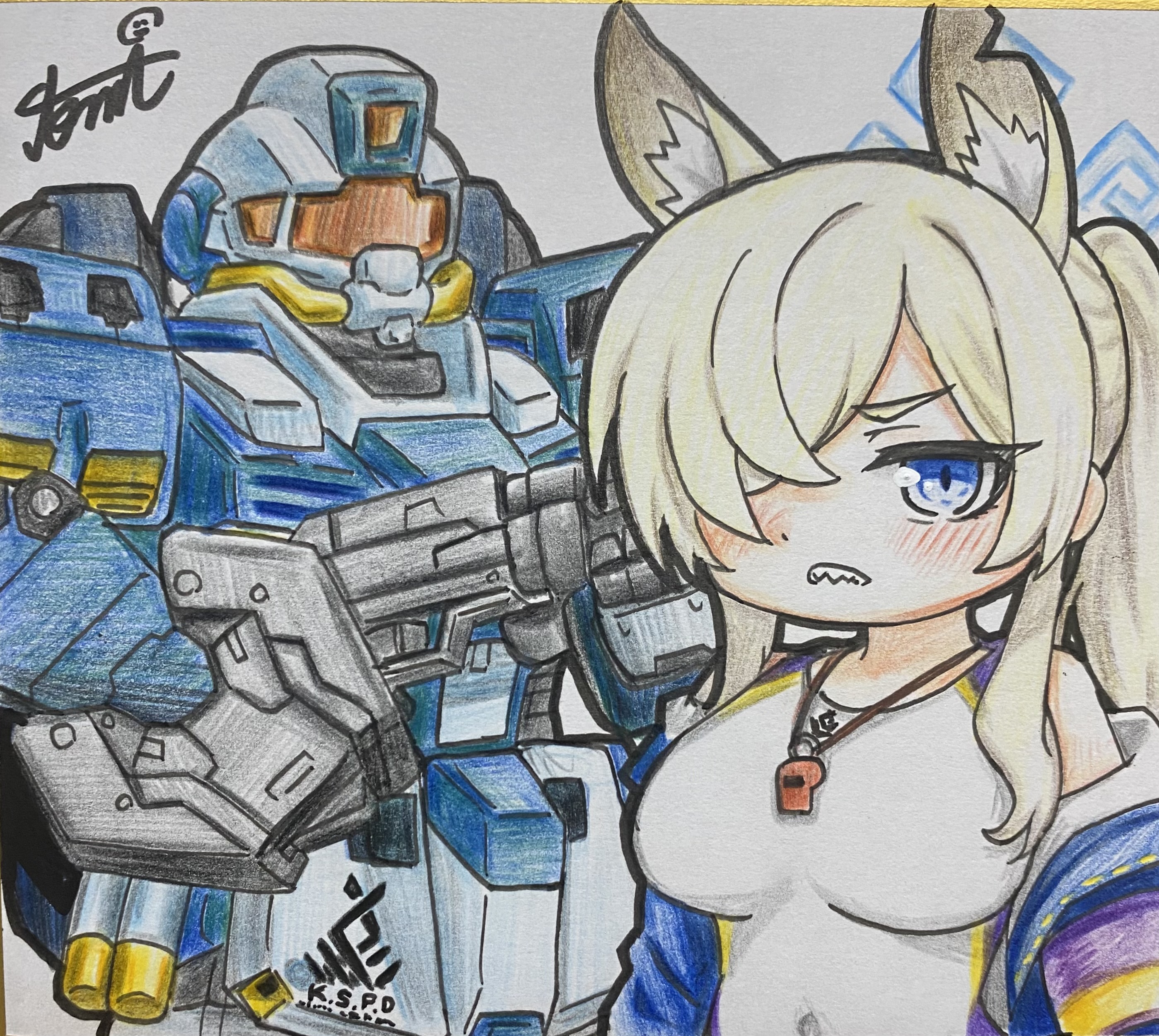 tomimon, kanna (blue archive), kanna (swimsuit) (blue archive), blue archive, absurdres, commentary request, highres, traditional media, 1girl, animal ears, bare shoulders, blonde hair, blue eyes, blue halo, blue jacket, breasts, covered navel, hair over one eye, halo, jacket, large breasts, mecha, off shoulder, official alternate costume, one-piece swimsuit, ponytail, rectangular halo, robot, sharp teeth, shikishi, solo, swimsuit, teeth, upper body, whistle, whistle around neck, white one-piece swimsuit