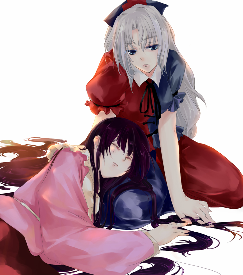 mosuke, houraisan kaguya, yagokoro eirin, touhou, silver hair, 2girls, black hair, closed eyes, female focus, hat, multiple girls, sleeping, yuri