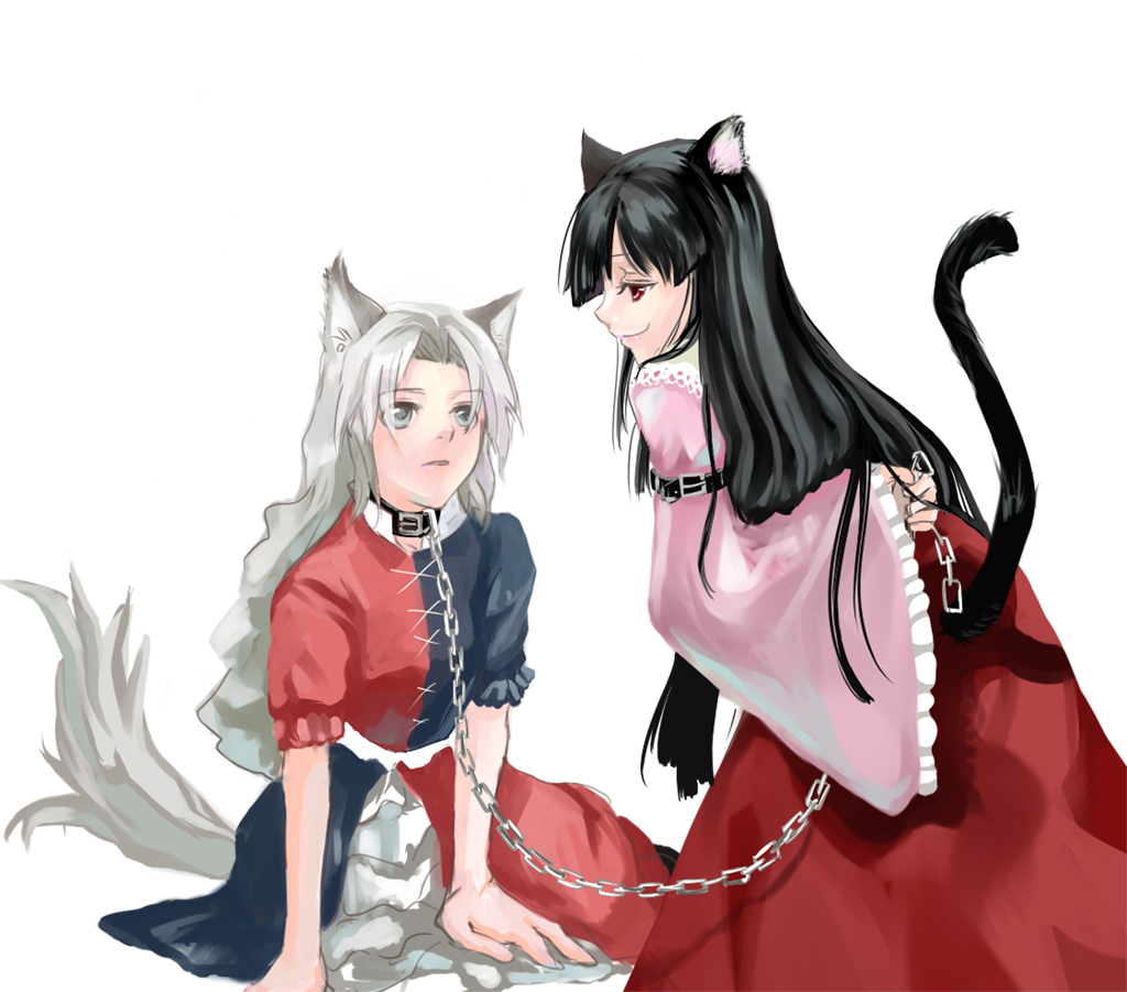 mosuke, houraisan kaguya, yagokoro eirin, touhou, silver hair, 2girls, animal ears, black hair, cat ears, cat girl, cat tail, chain, collar, female focus, kemonomimi mode, leash, multiple girls, simple background, sitting, standing, tail, white background