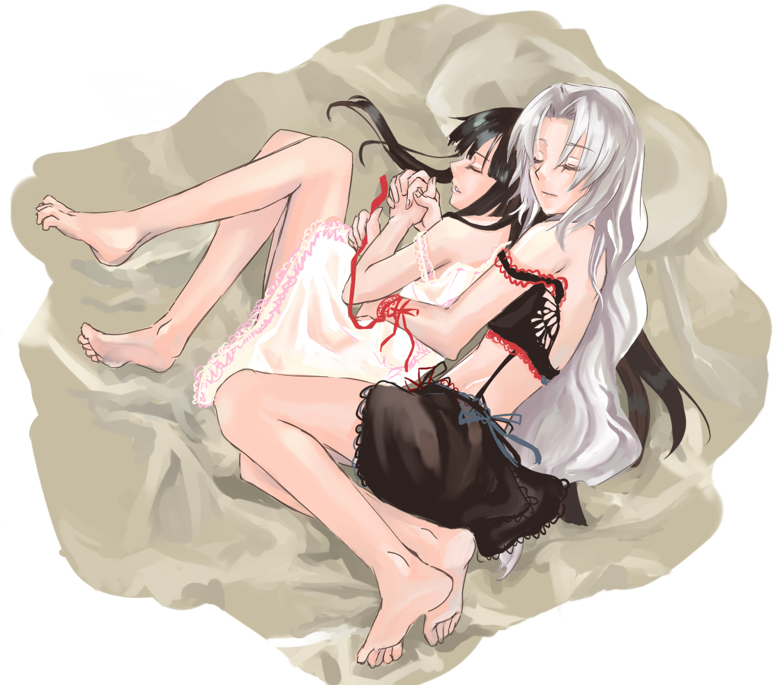mosuke, houraisan kaguya, yagokoro eirin, touhou, silver hair, 2girls, bare shoulders, barefoot, black hair, cuddling, feet, female focus, holding hands, hug, hug from behind, lingerie, lying, multiple girls, on side, sleeping, toe scrunch, toes, underwear, yuri