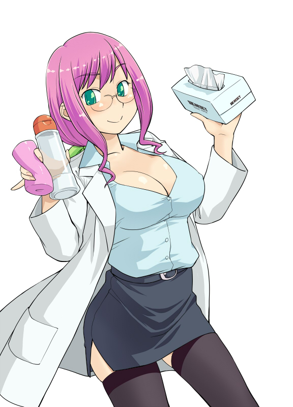 hinemosu notari, 1girl, artificial vagina, breasts, cleavage, female focus, glasses, green eyes, lab coat, large breasts, pencil skirt, pink hair, pinky out, sex toy, short hair, skirt, solo, thighhighs, tissue, tissue box