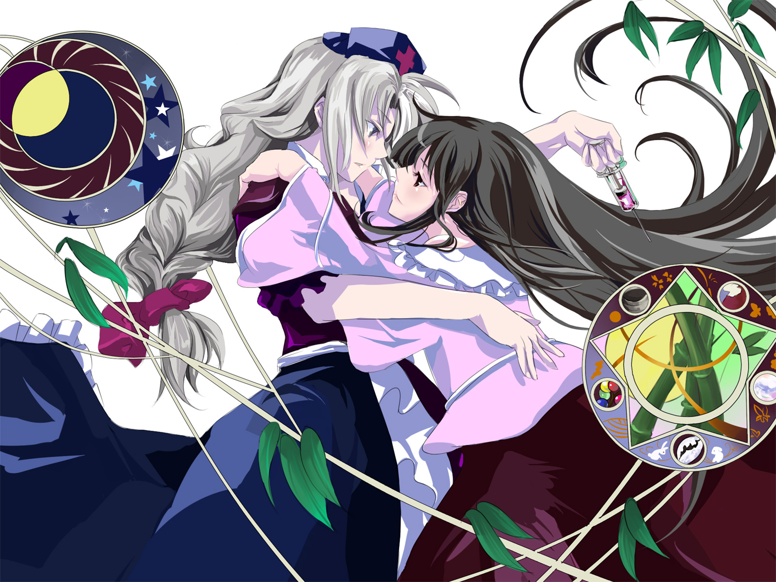 mosuke, houraisan kaguya, yagokoro eirin, touhou, silver hair, highres, 2girls, black hair, blue eyes, braid, brown eyes, eye contact, female focus, hair ornament, hair ribbon, hat, hug, long hair, looking at another, miko embrace, multiple girls, parody, ribbon, single braid, syringe, very long hair, yuri