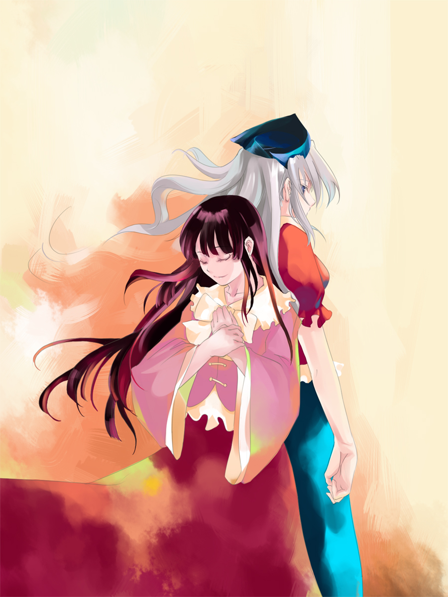mosuke, houraisan kaguya, yagokoro eirin, touhou, highres, 2girls, blunt bangs, closed eyes, female focus, long hair, multiple girls, smile, standing, very long hair