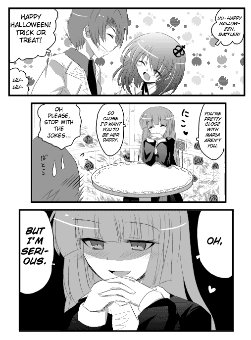 ushiromiya battler, ushiromiya maria, ushiromiya rosa, umineko no naku koro ni, hard-translated, third-party edit, 00s, 1boy, 2girls, aunt and nephew, blush, comic, cousins, english text, greyscale, heart, monochrome, multiple girls