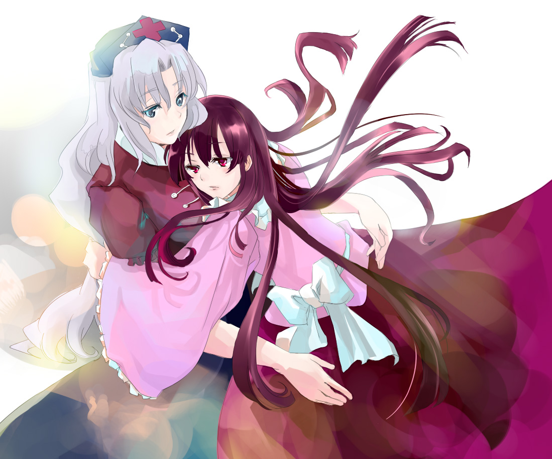 mosuke, houraisan kaguya, yagokoro eirin, touhou, 2girls, female focus, hug, long hair, multiple girls, yuri