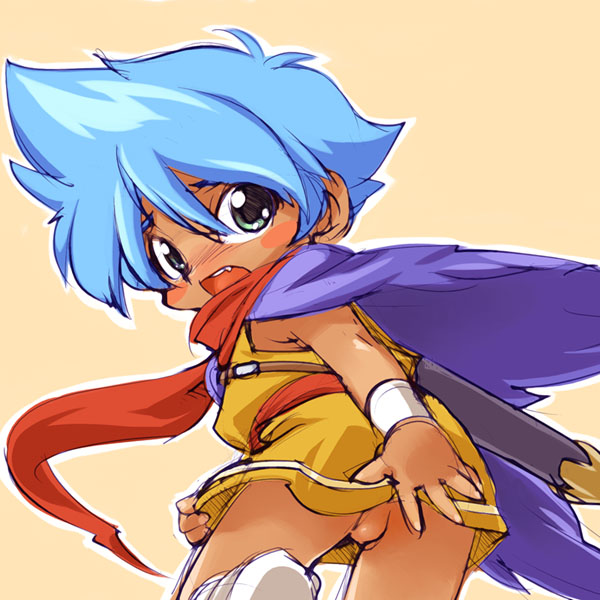 tsubame tsubakura, battle b-daman, 1boy, ass, blue hair, blush, dark skin, male focus, shota, solo, testicles