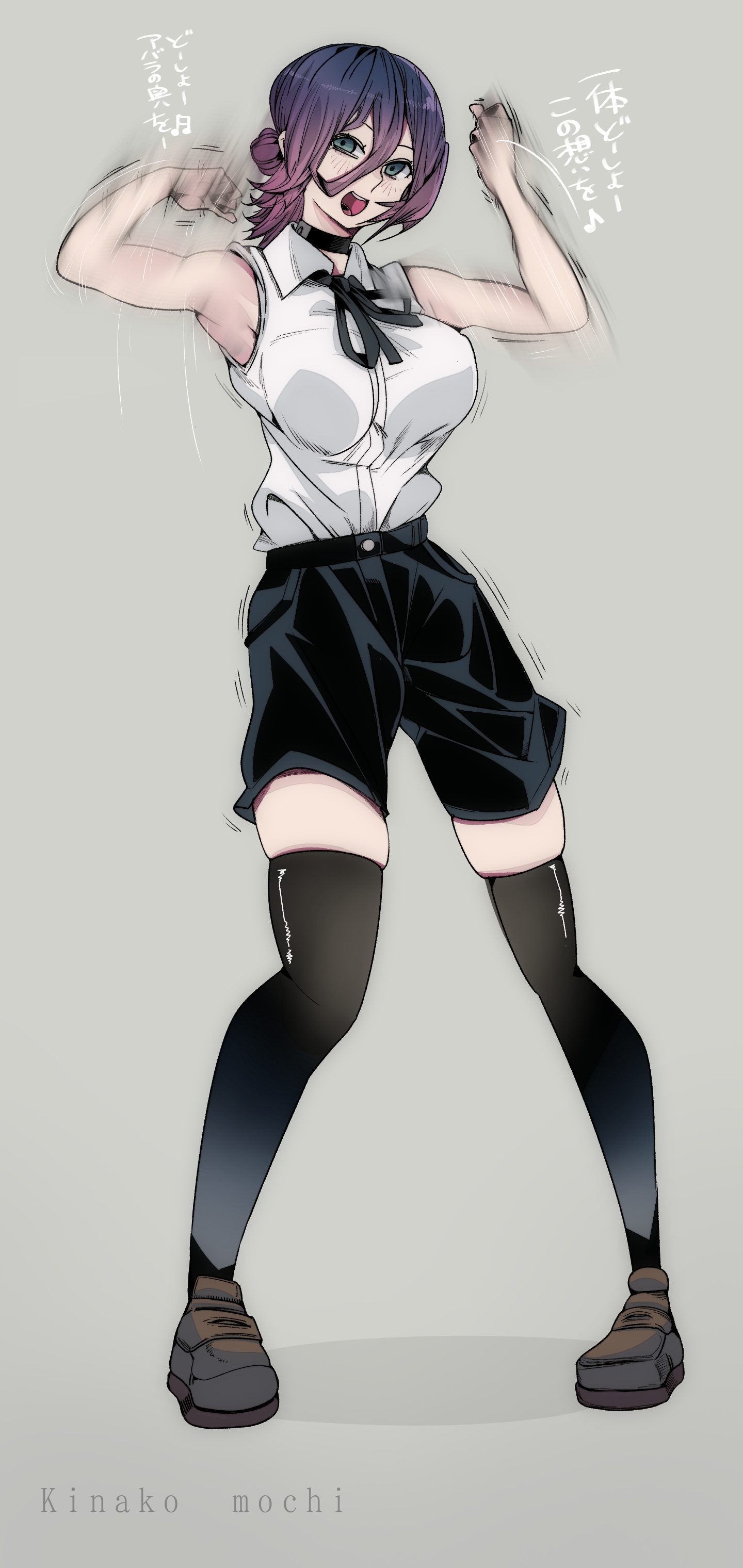kinakomochi (user vedc2333), reze (chainsaw man), chainsaw man, absurdres, highres, 1girl, black ribbon, black shorts, black thighhighs, blush, breasts, brown shoes, choker, dancing, green eyes, grey background, hair bun, iris out (song), large breasts, looking at viewer, musical note, neck ribbon, open mouth, purple hair, ribbon, shirt, shoes, short hair, shorts, sleeveless, sleeveless shirt, smile, spoken musical note, standing, teeth, thighhighs, white shirt