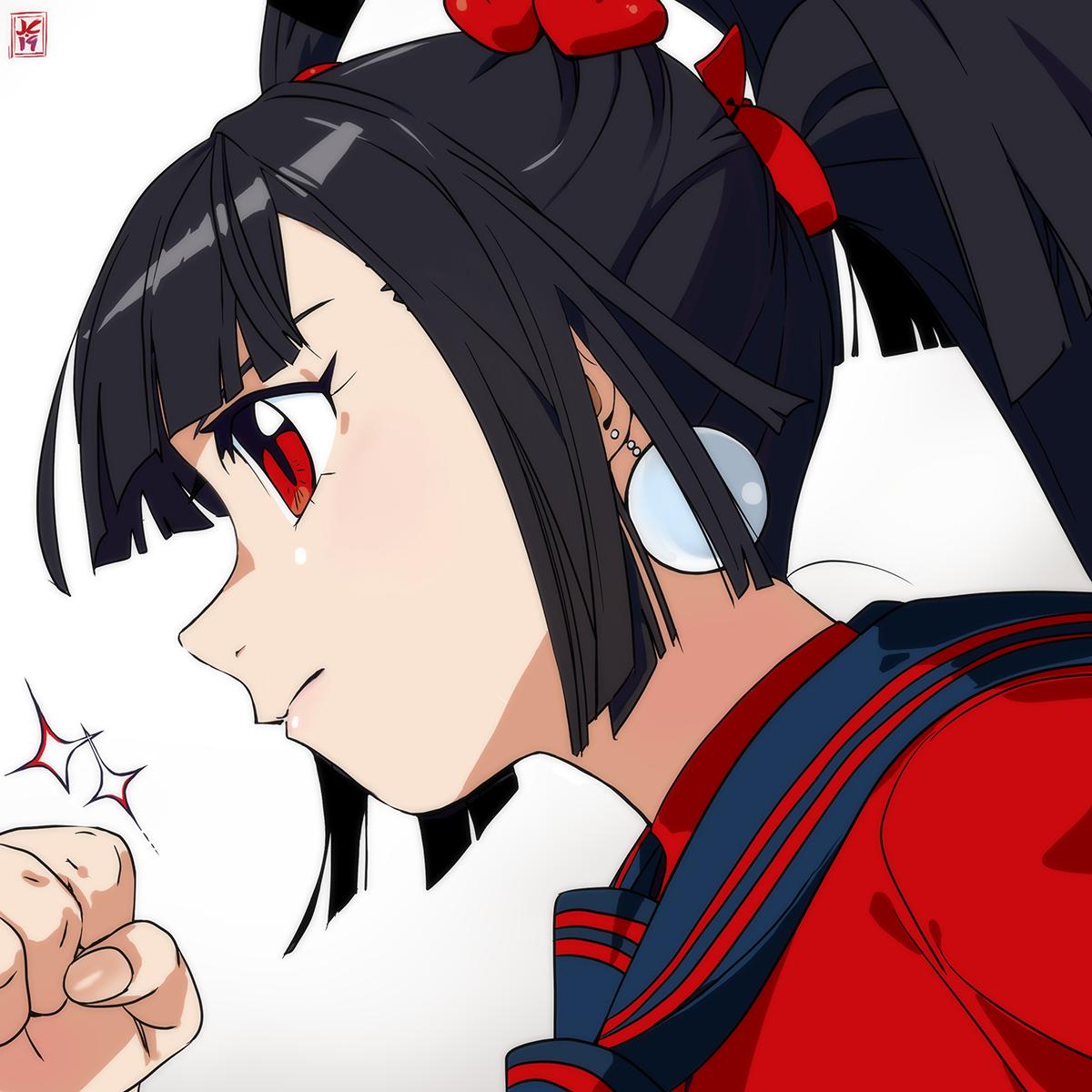 overlord jc, achika (overlord jc), original, highres, 1girl, black neckerchief, black sailor collar, blunt bangs, blunt sidelocks, clenched hand, earrings, from side, hand up, jewelry, neckerchief, pearl earrings, portrait, profile, red eyes, red serafuku, sailor collar, school uniform, serafuku, serious, sidelocks, solo, sphere earrings, tri tails