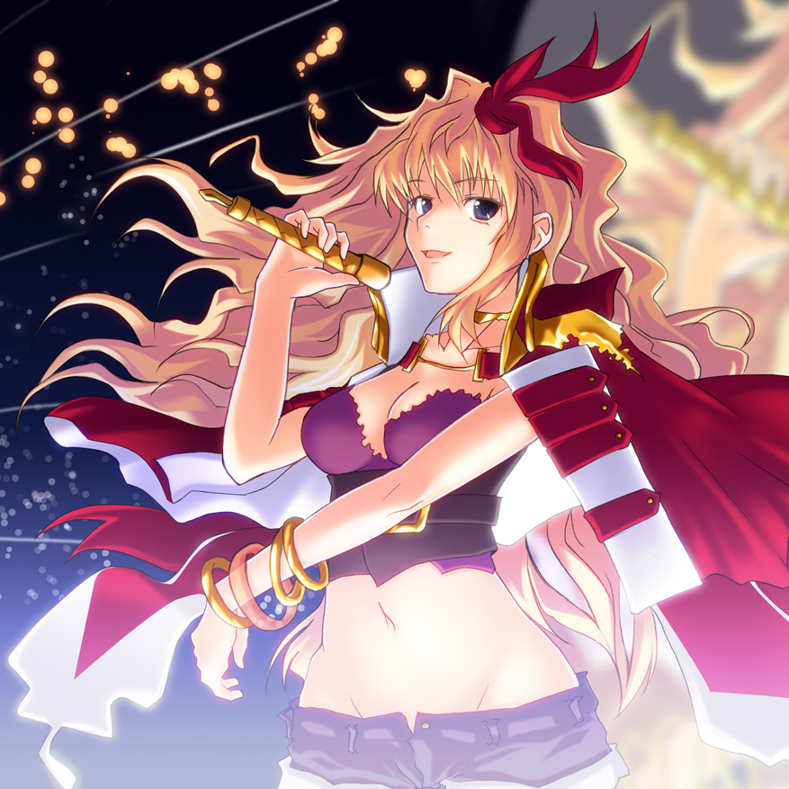 kuronyan, sheryl nome, macross, macross frontier, macross frontier: itsuwari no utahime, 00s, 1girl, blonde hair, female focus, groin, long hair, microphone, midriff, navel, purple eyes, solo