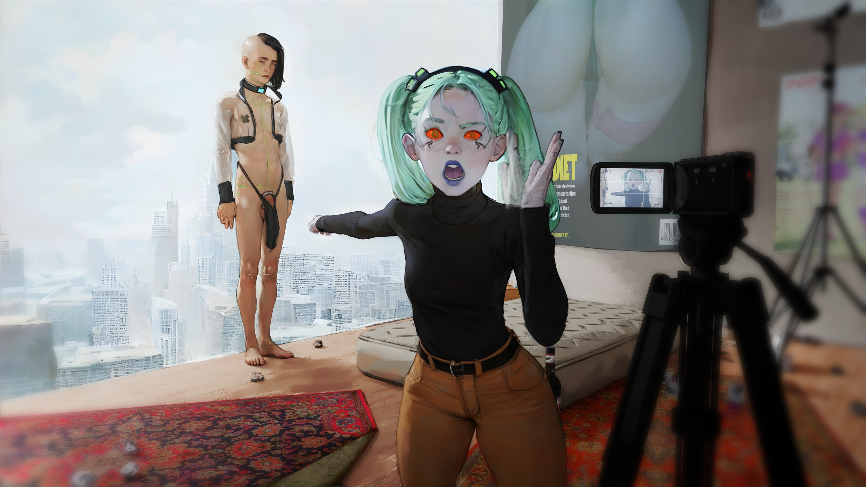diathorn, rebecca (cyberpunk), cyberpunk: edgerunners, cyberpunk (series), 1boy, 1girl, breasts, camera, colored sclera, green hair, hair ornament, lips, lipstick, makeup, money, open mouth, pointing, prostitution, recording, shirt tucked in, small breasts, sweater, turtleneck, turtleneck sweater, twintails